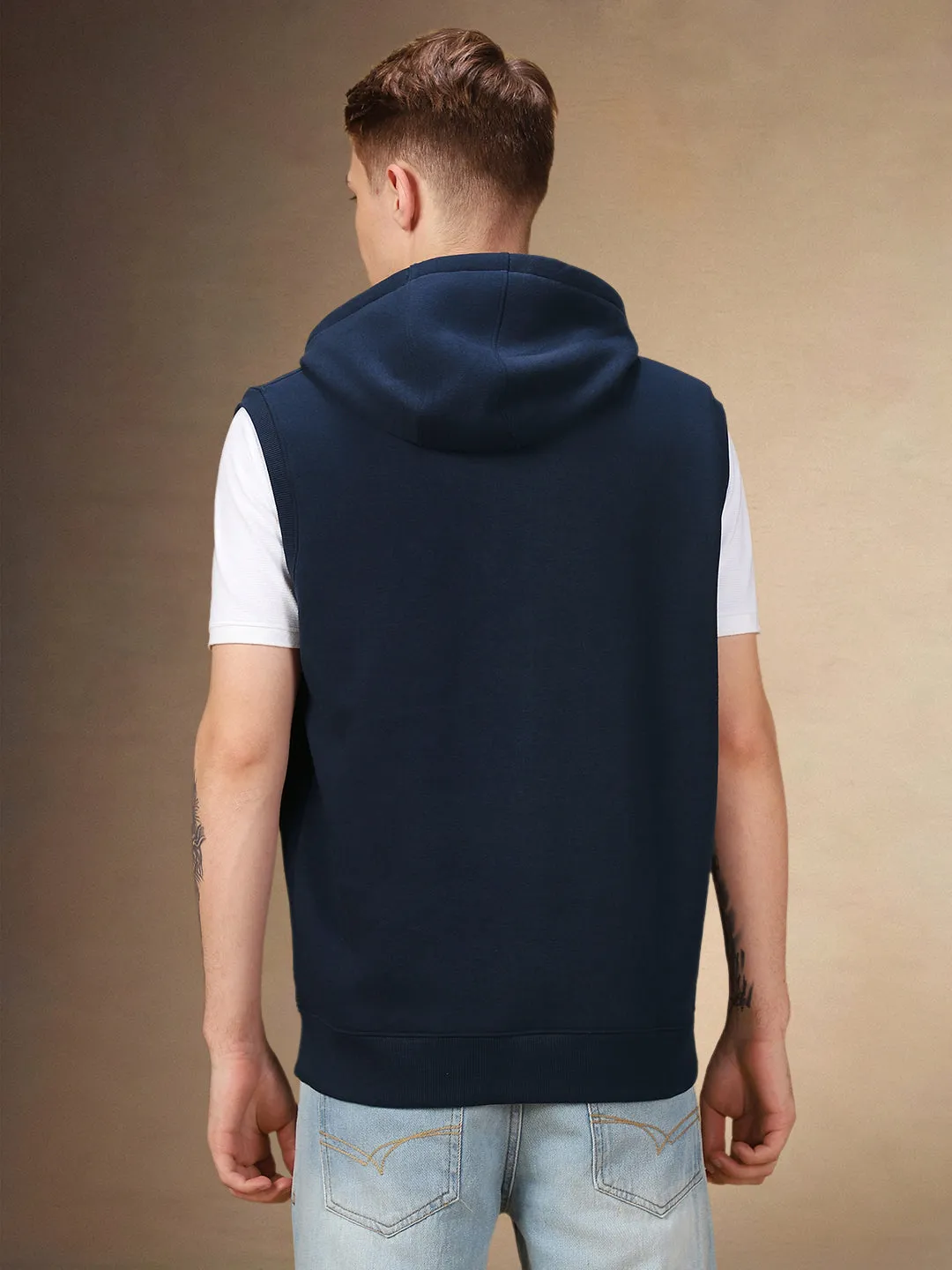 Men's Solid Navy Hooded Sleeveless Regular Fit Hoodie