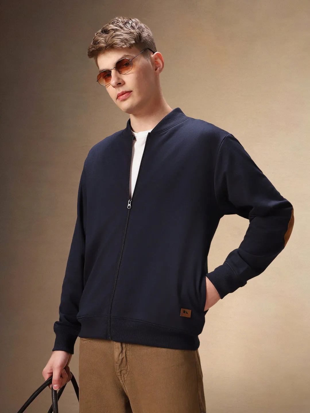 Men's Solid Navy Rib Collar Full Sleeves Front-Open Sweatshirt