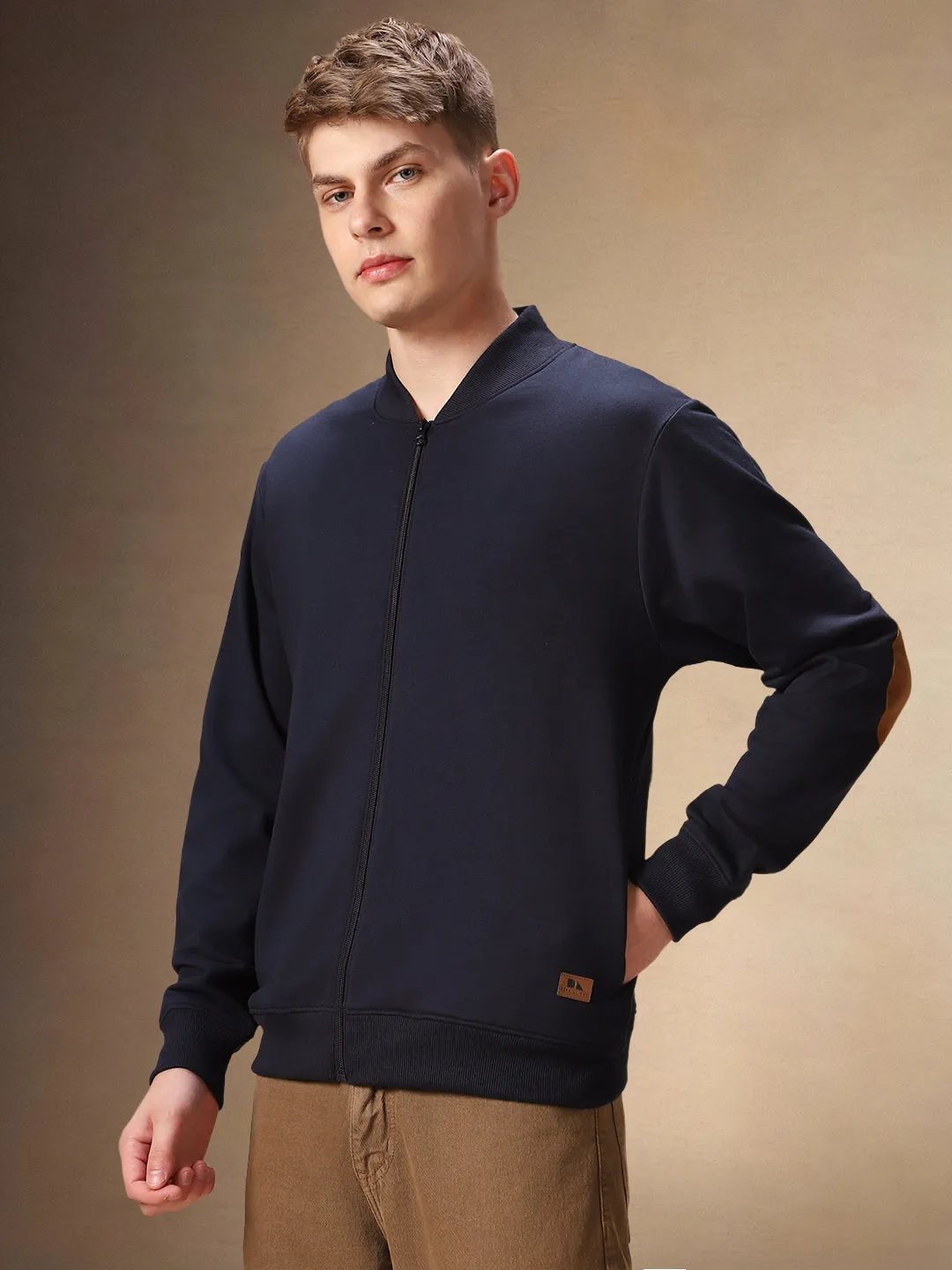 Men's Solid Navy Rib Collar Full Sleeves Front-Open Sweatshirt