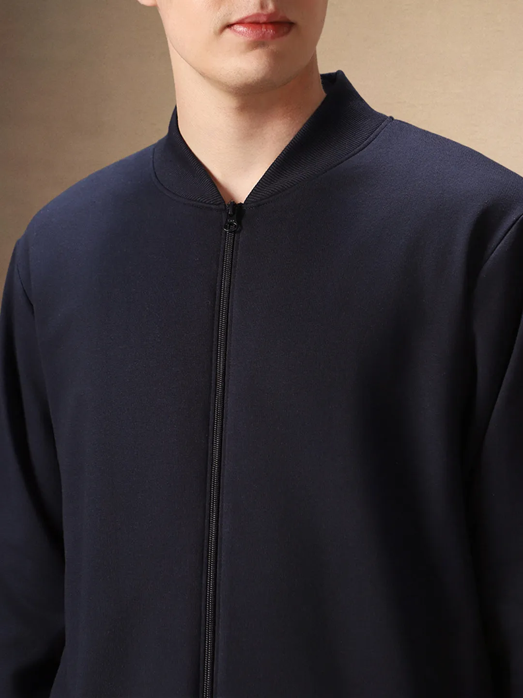 Men's Solid Navy Rib Collar Full Sleeves Front-Open Sweatshirt