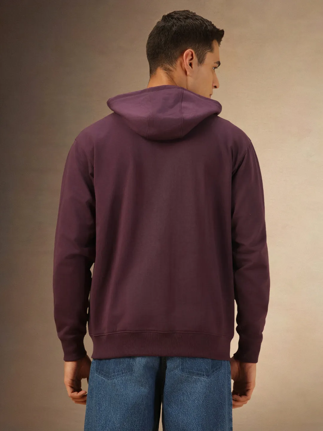 Men's Solid Plum Full Sleeves Front Open Hooded Hoodie