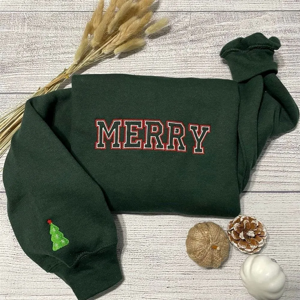 Merry Embroidered Sweatshirt, Merry Christmas Crewneck Sweatshirts, Women's Embroidered Sweatshirts