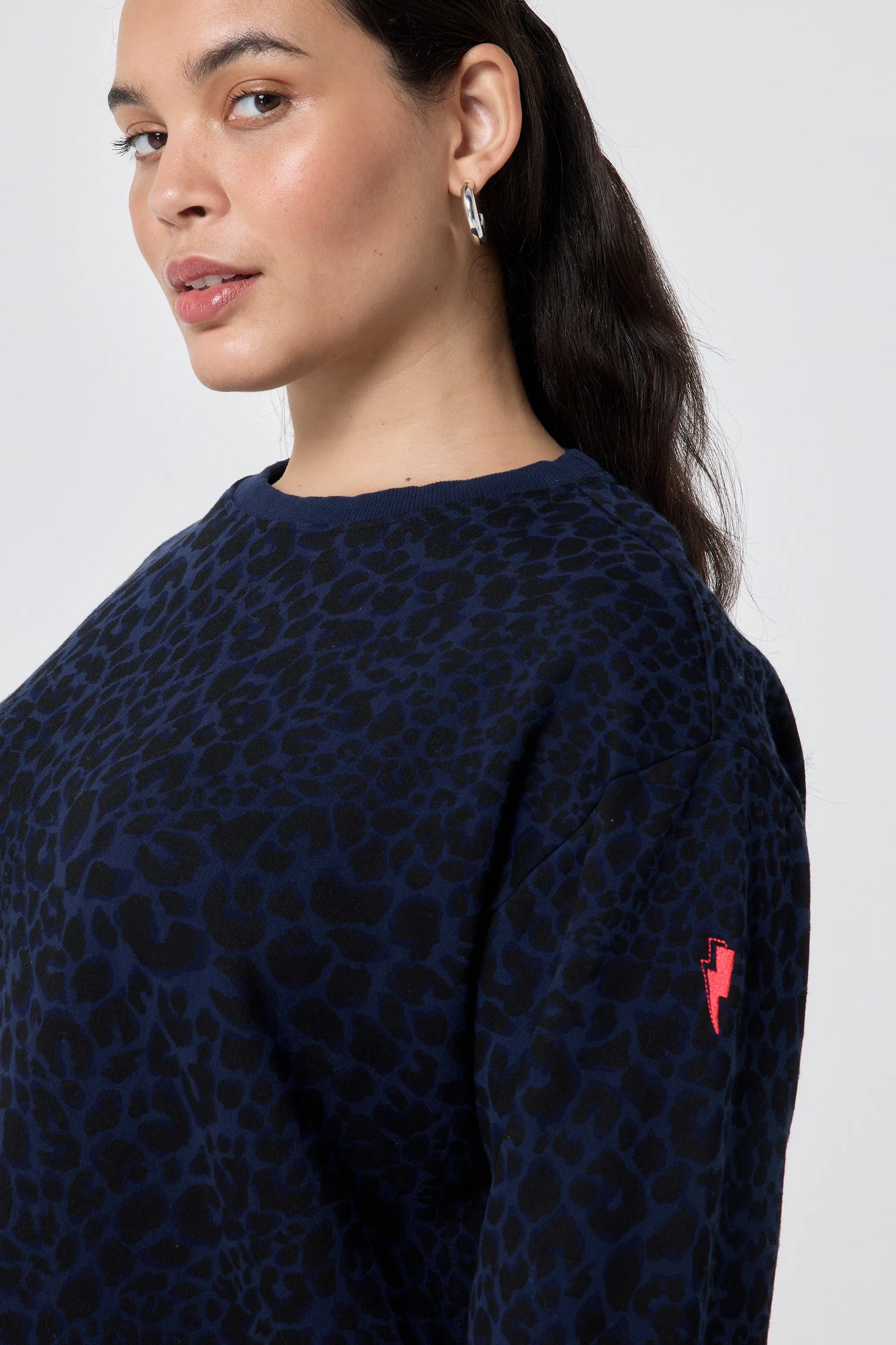 Navy with Black Rock and Roll Leopard Oversized Sweatshirt