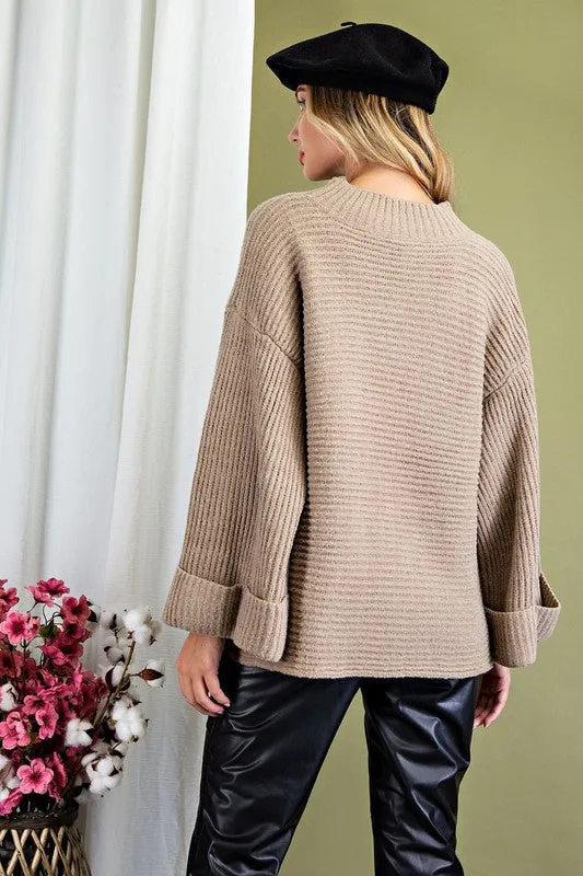 Oatmeal Ribbed Flare Sleeve Sweater