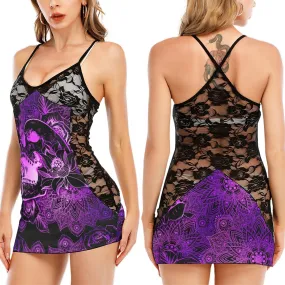 Purple Skull Gothic Mandala Black Lace Sleepwears Babydol Dresses