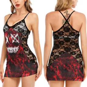 Red Lava Skull Evil Smile Black Lace Sleepwears Babydol Dresses