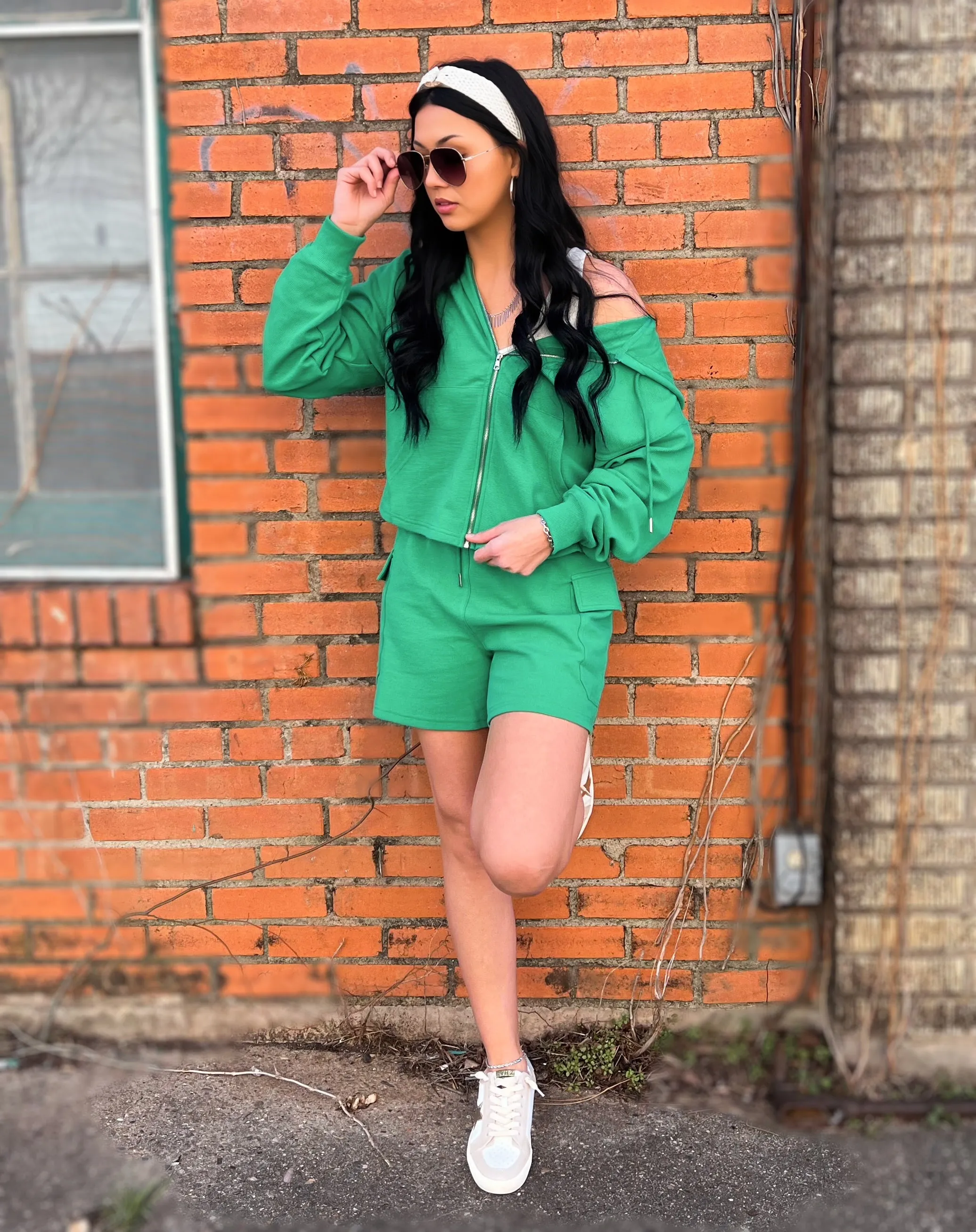 Relaxed Fit Waffle Hoodie Top Kelly Green