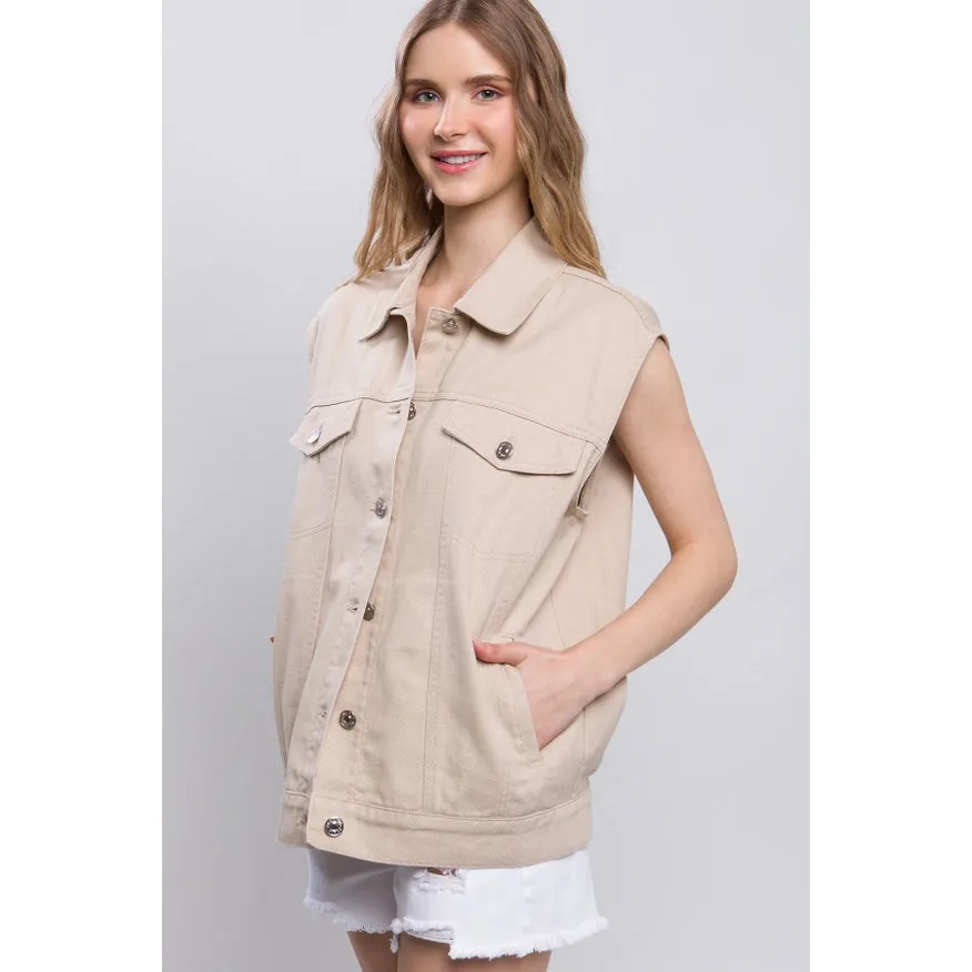 Sleeveless Boxy Fit Denim Jacket Khaki