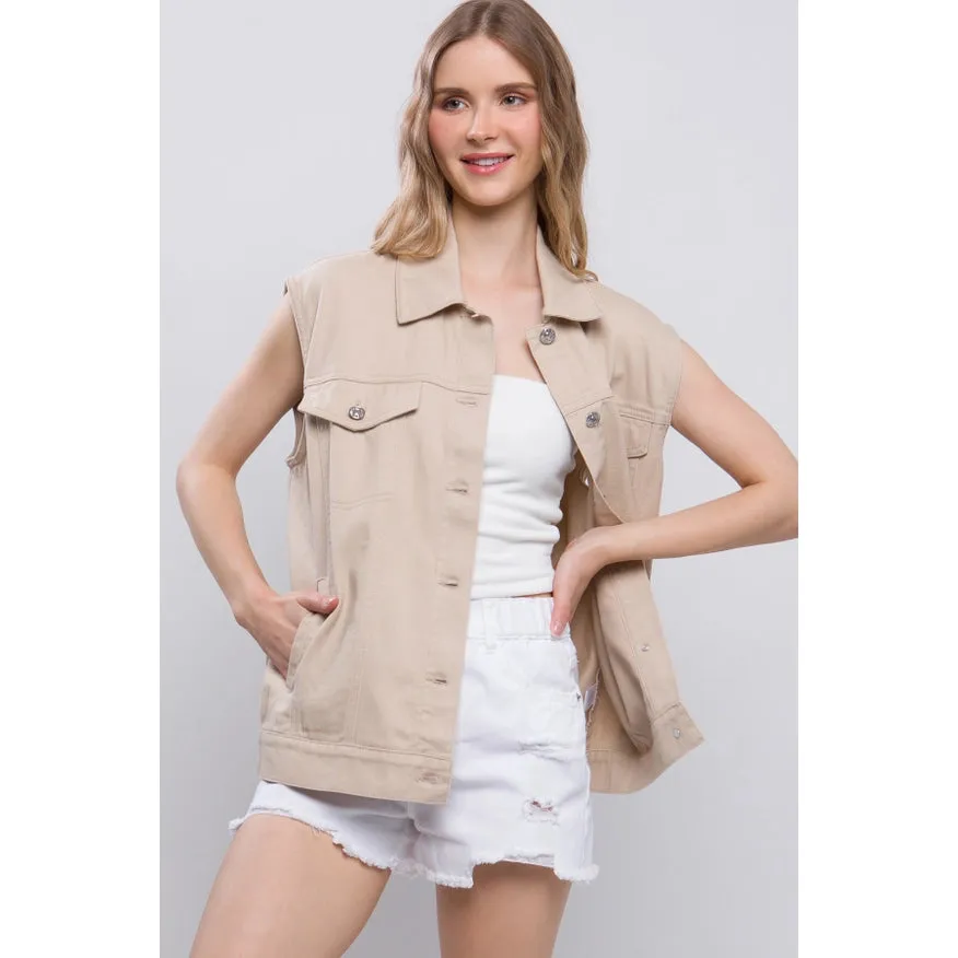 Sleeveless Boxy Fit Denim Jacket Khaki