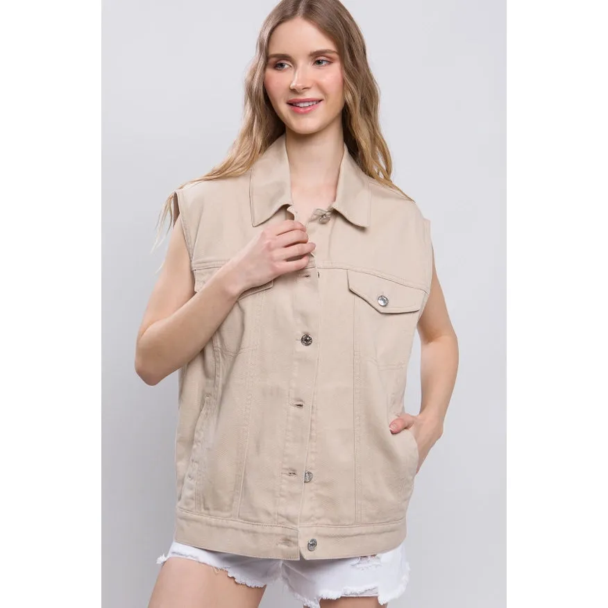 Sleeveless Boxy Fit Denim Jacket Khaki