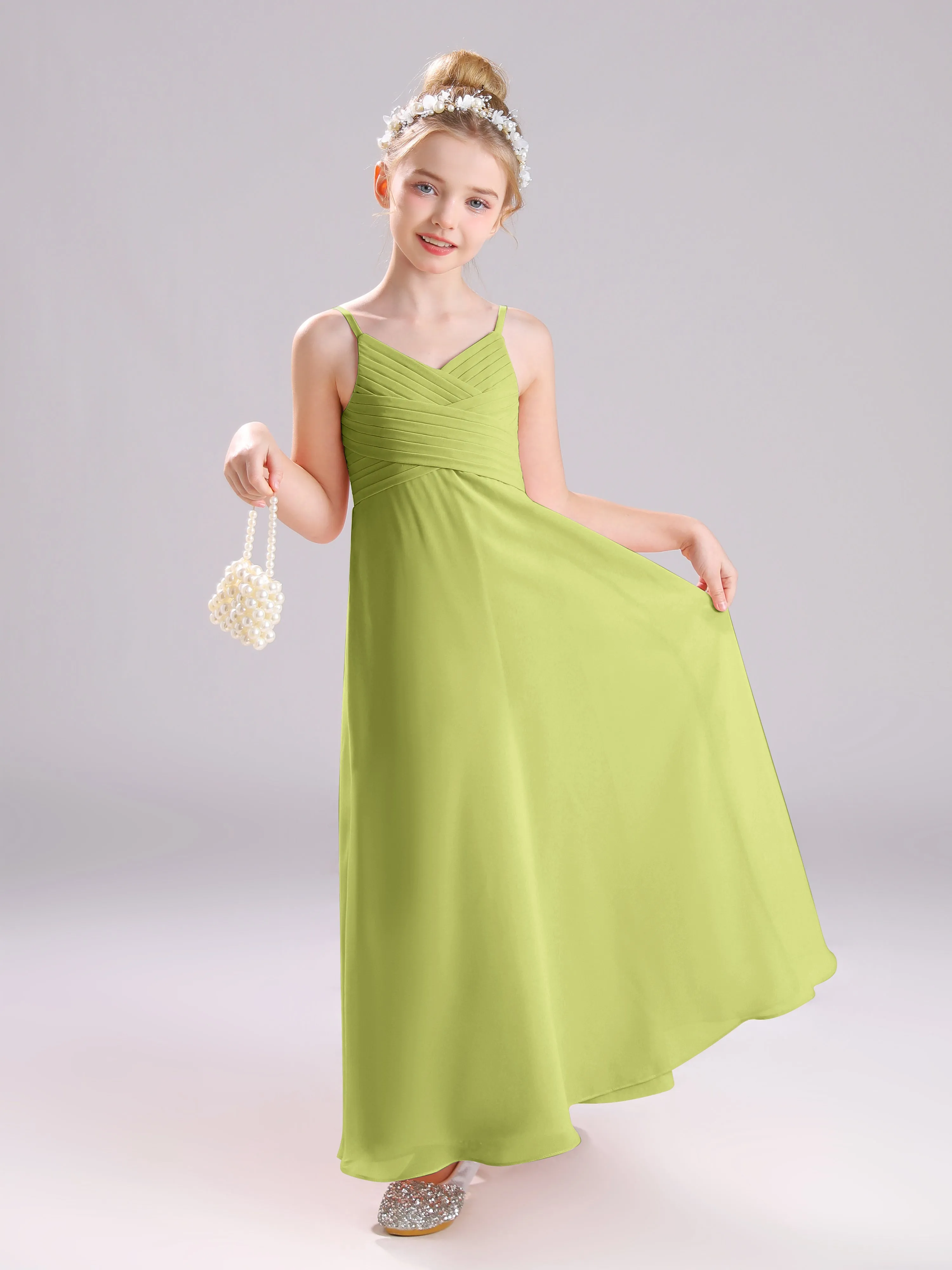 Spaghetti Straps V-Neck Pleats Long Chiffon Junior Bridesmaid Dresses