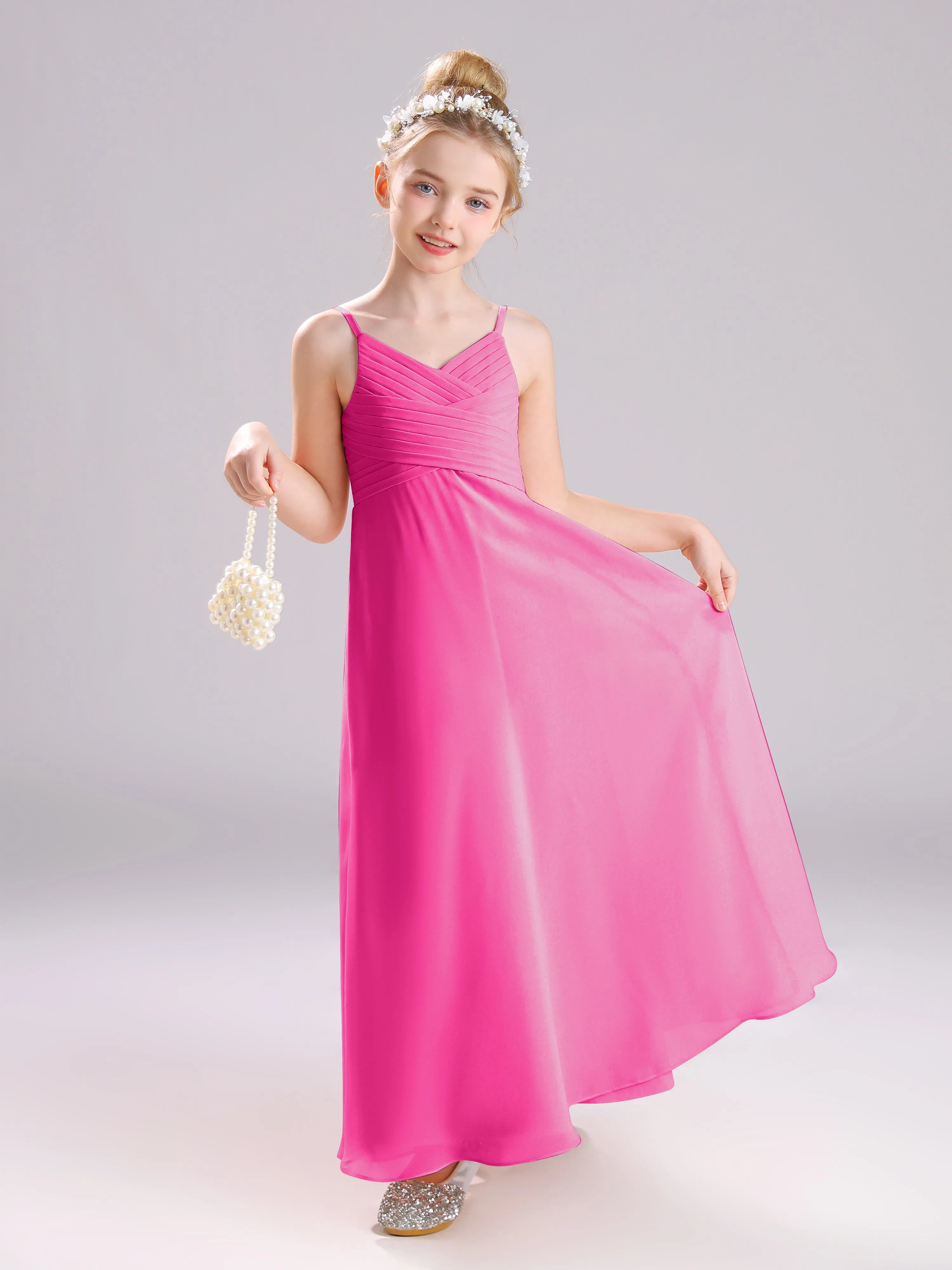 Spaghetti Straps V-Neck Pleats Long Chiffon Junior Bridesmaid Dresses