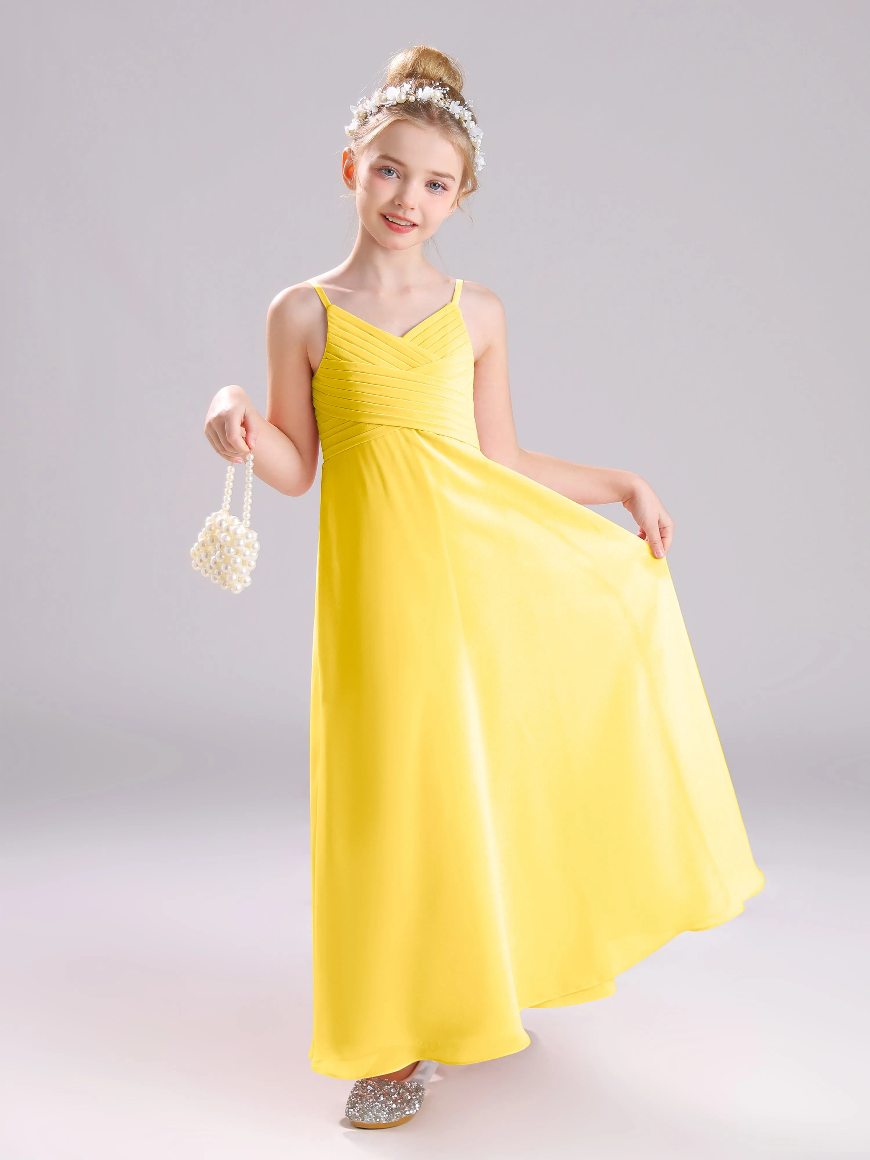 Spaghetti Straps V-Neck Pleats Long Chiffon Junior Bridesmaid Dresses