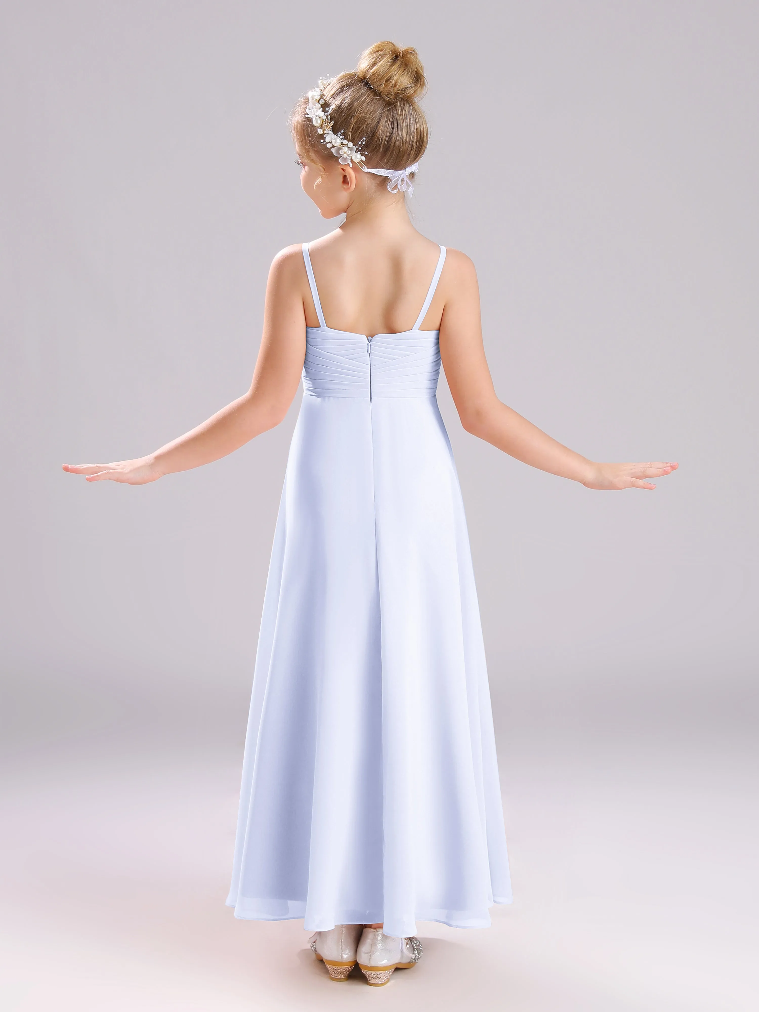 Spaghetti Straps V-Neck Pleats Long Chiffon Junior Bridesmaid Dresses