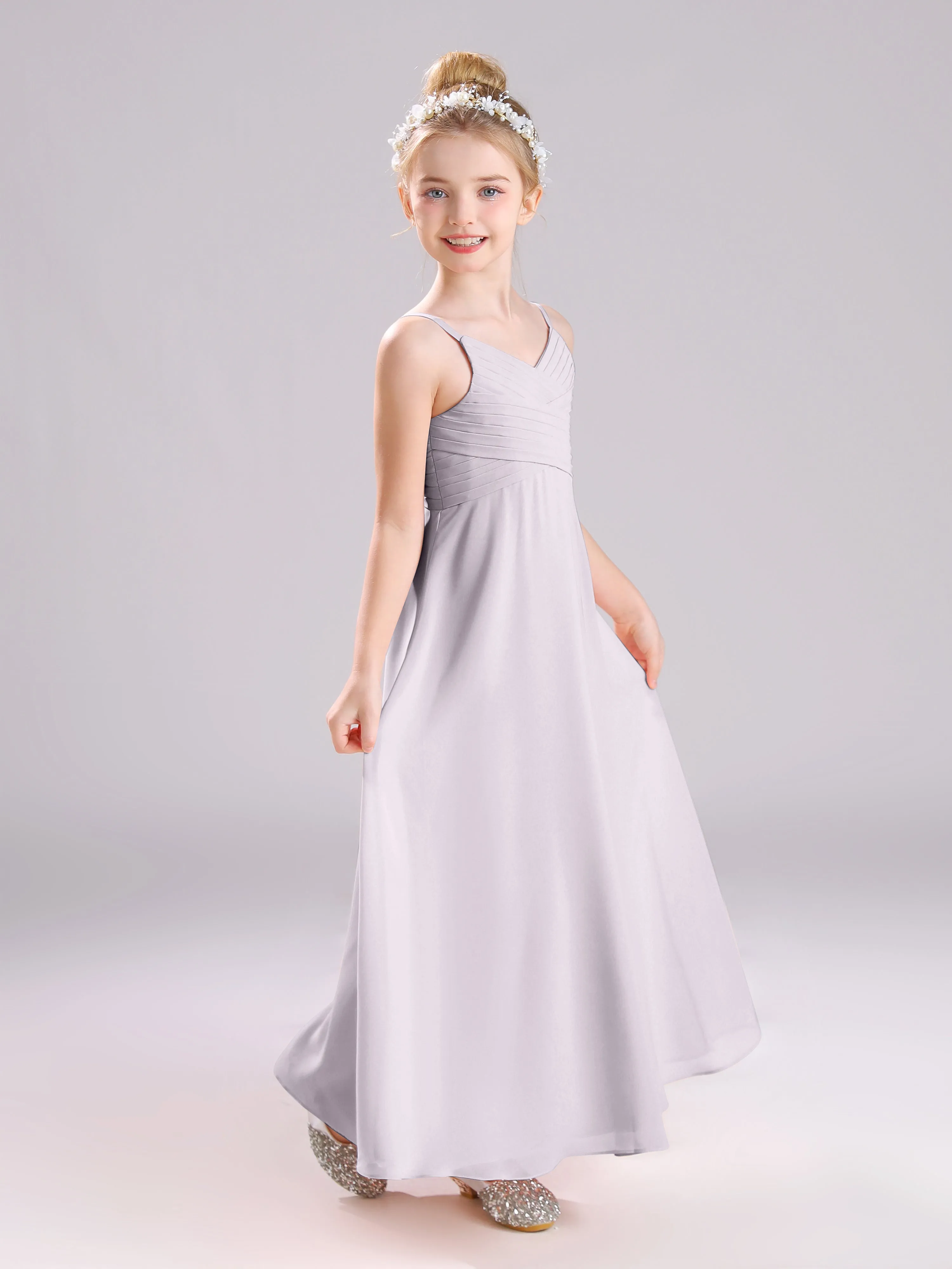 Spaghetti Straps V-Neck Pleats Long Chiffon Junior Bridesmaid Dresses