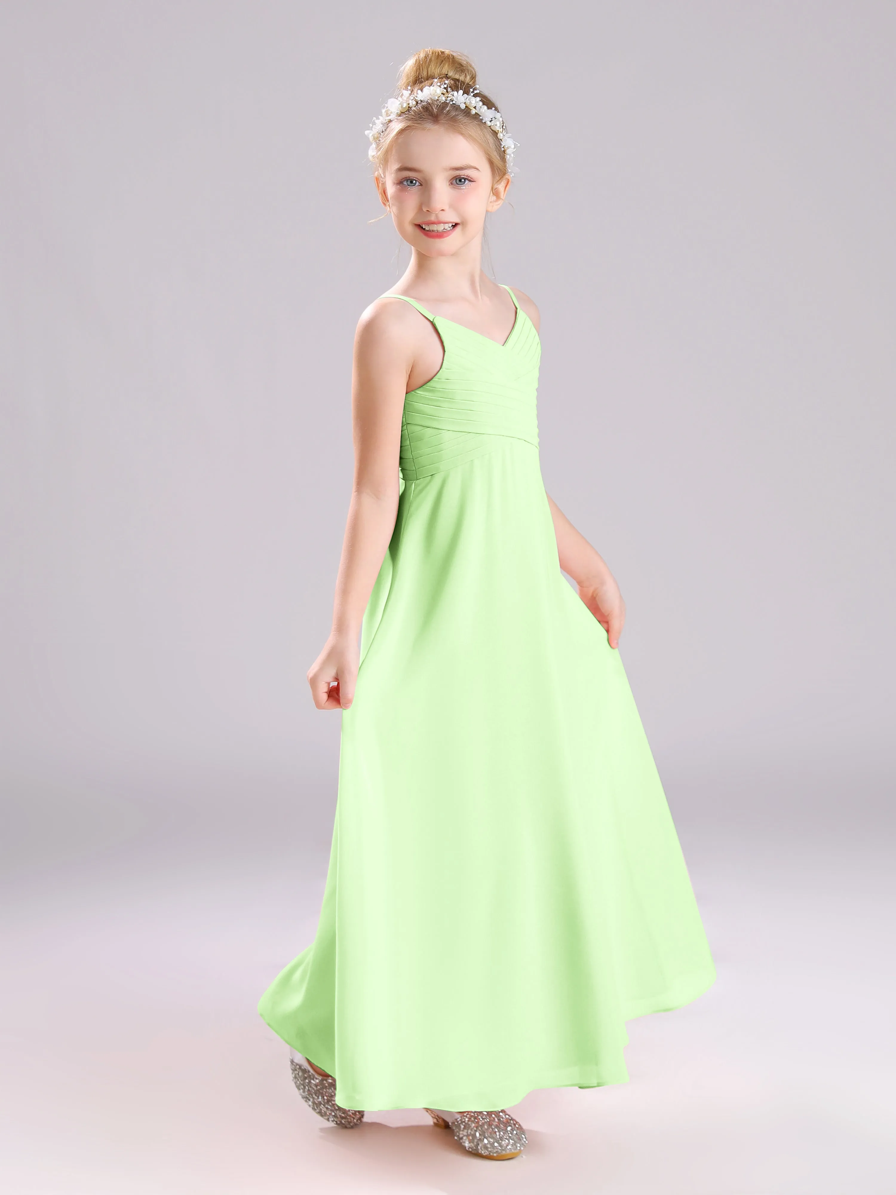 Spaghetti Straps V-Neck Pleats Long Chiffon Junior Bridesmaid Dresses