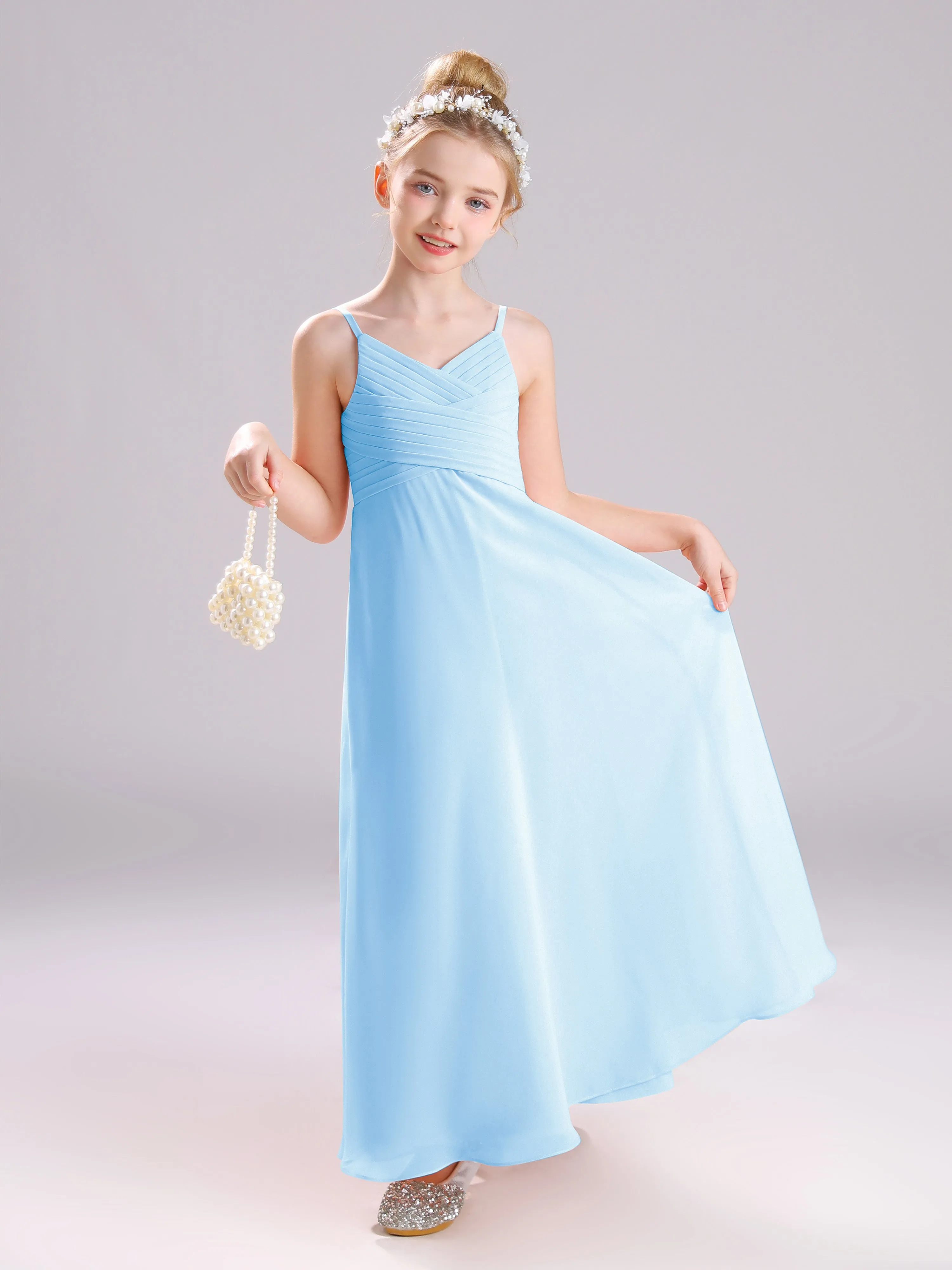 Spaghetti Straps V-Neck Pleats Long Chiffon Junior Bridesmaid Dresses