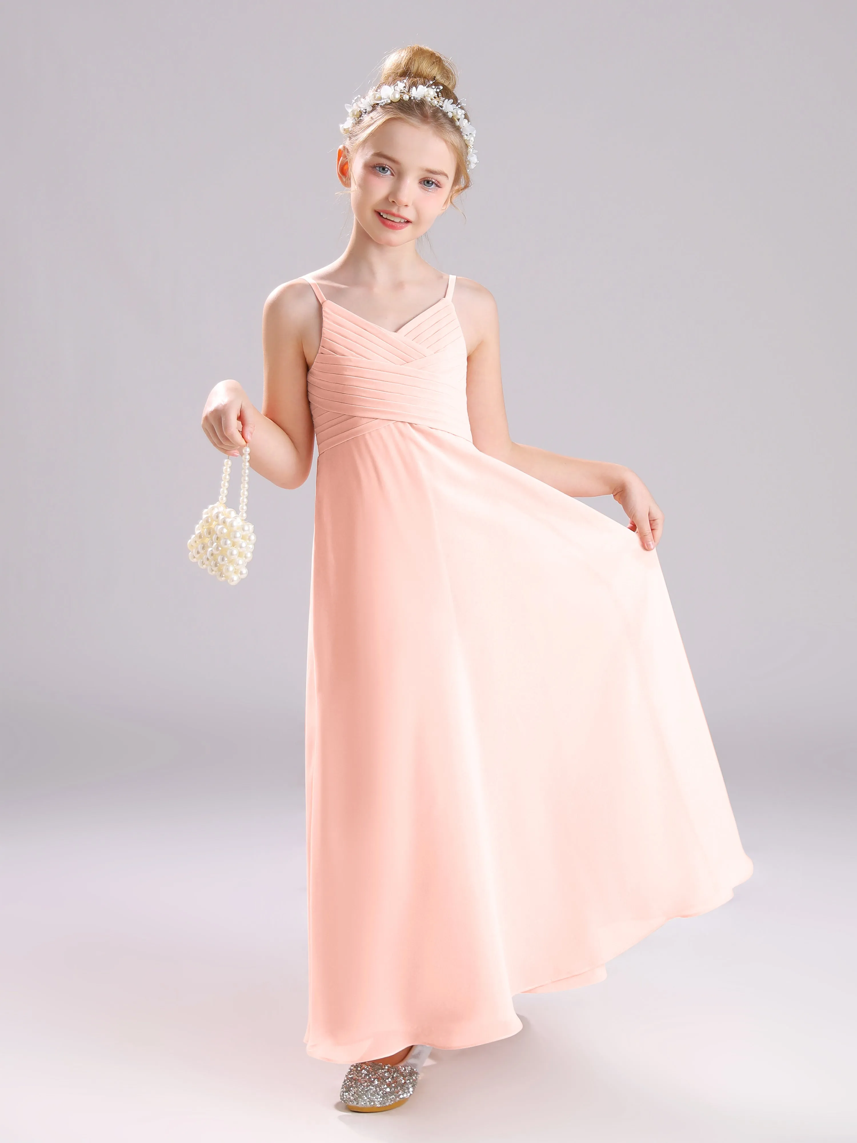 Spaghetti Straps V-Neck Pleats Long Chiffon Junior Bridesmaid Dresses