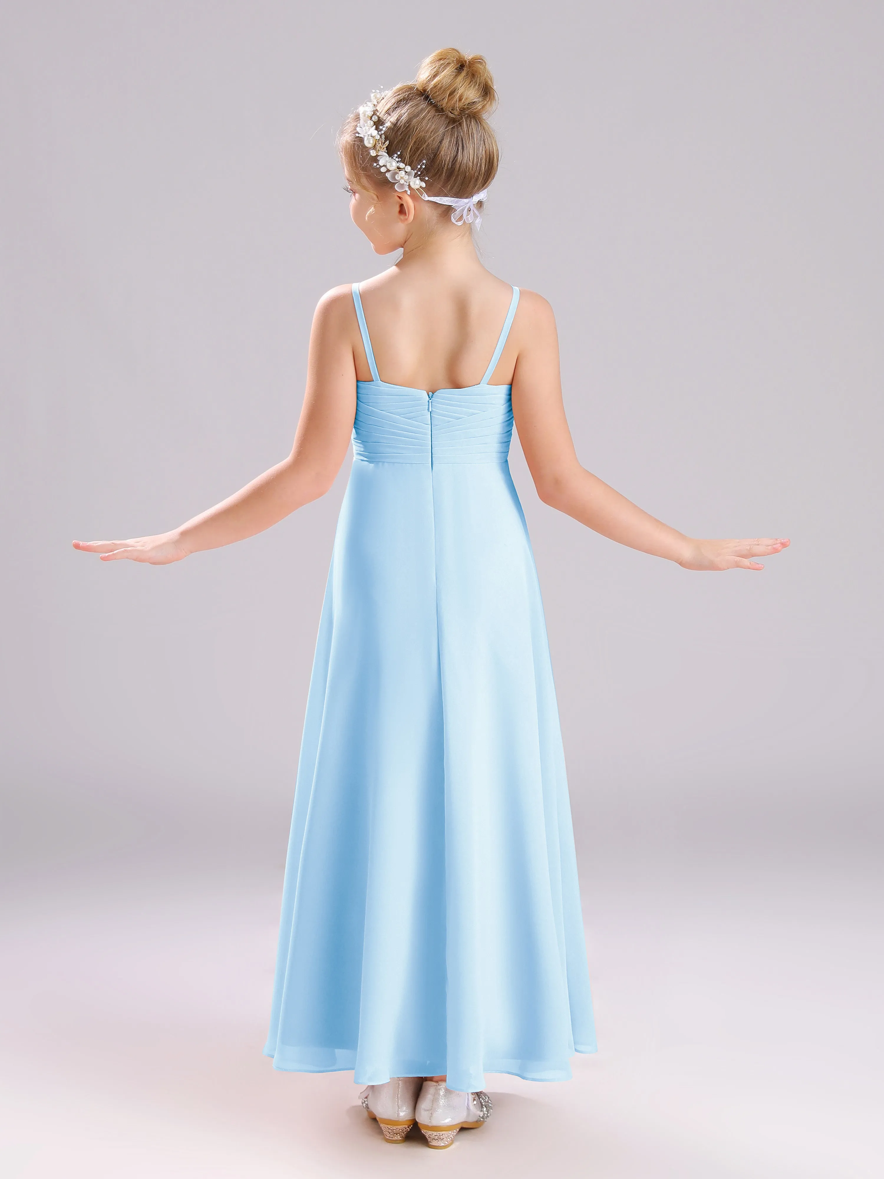 Spaghetti Straps V-Neck Pleats Long Chiffon Junior Bridesmaid Dresses