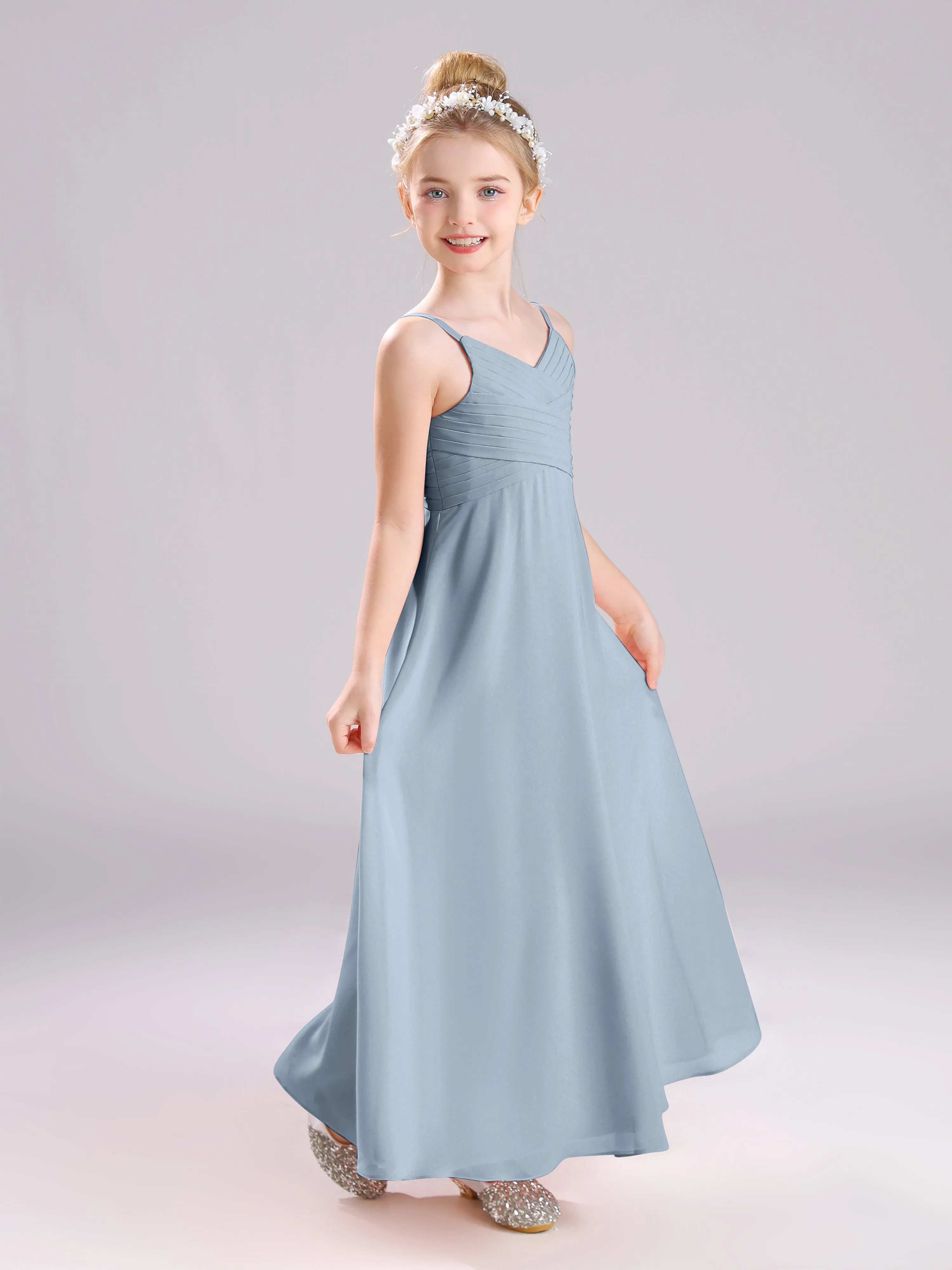 Spaghetti Straps V-Neck Pleats Long Chiffon Junior Bridesmaid Dresses