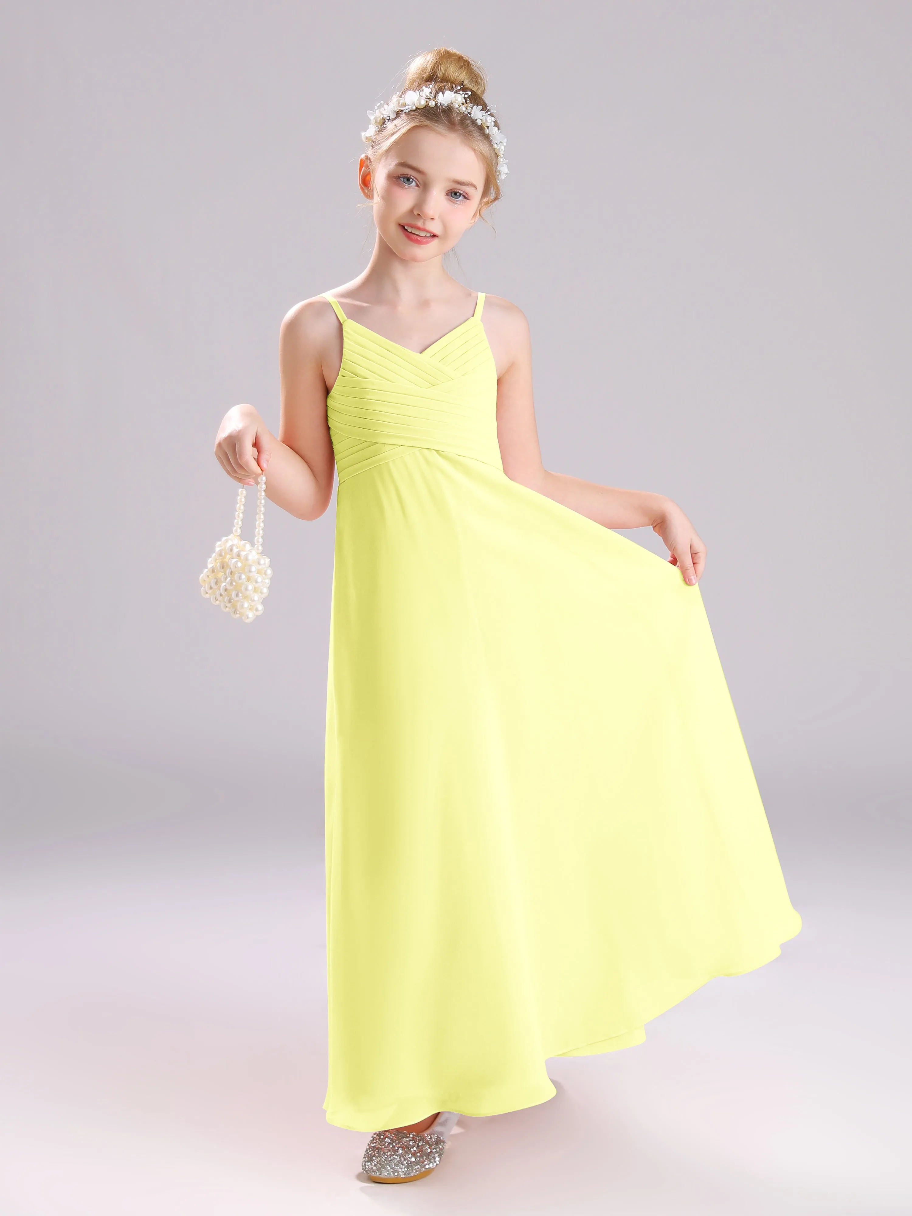 Spaghetti Straps V-Neck Pleats Long Chiffon Junior Bridesmaid Dresses