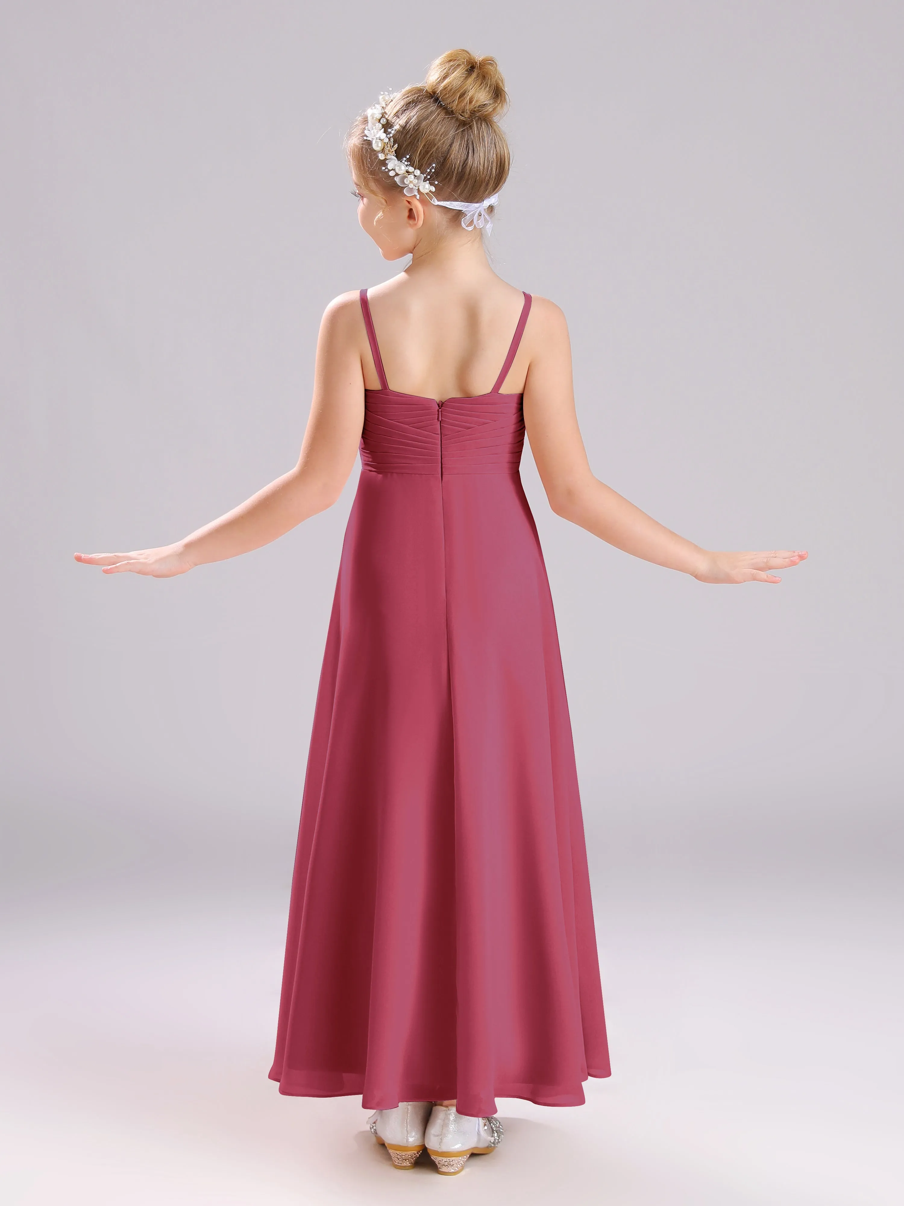 Spaghetti Straps V-Neck Pleats Long Chiffon Junior Bridesmaid Dresses