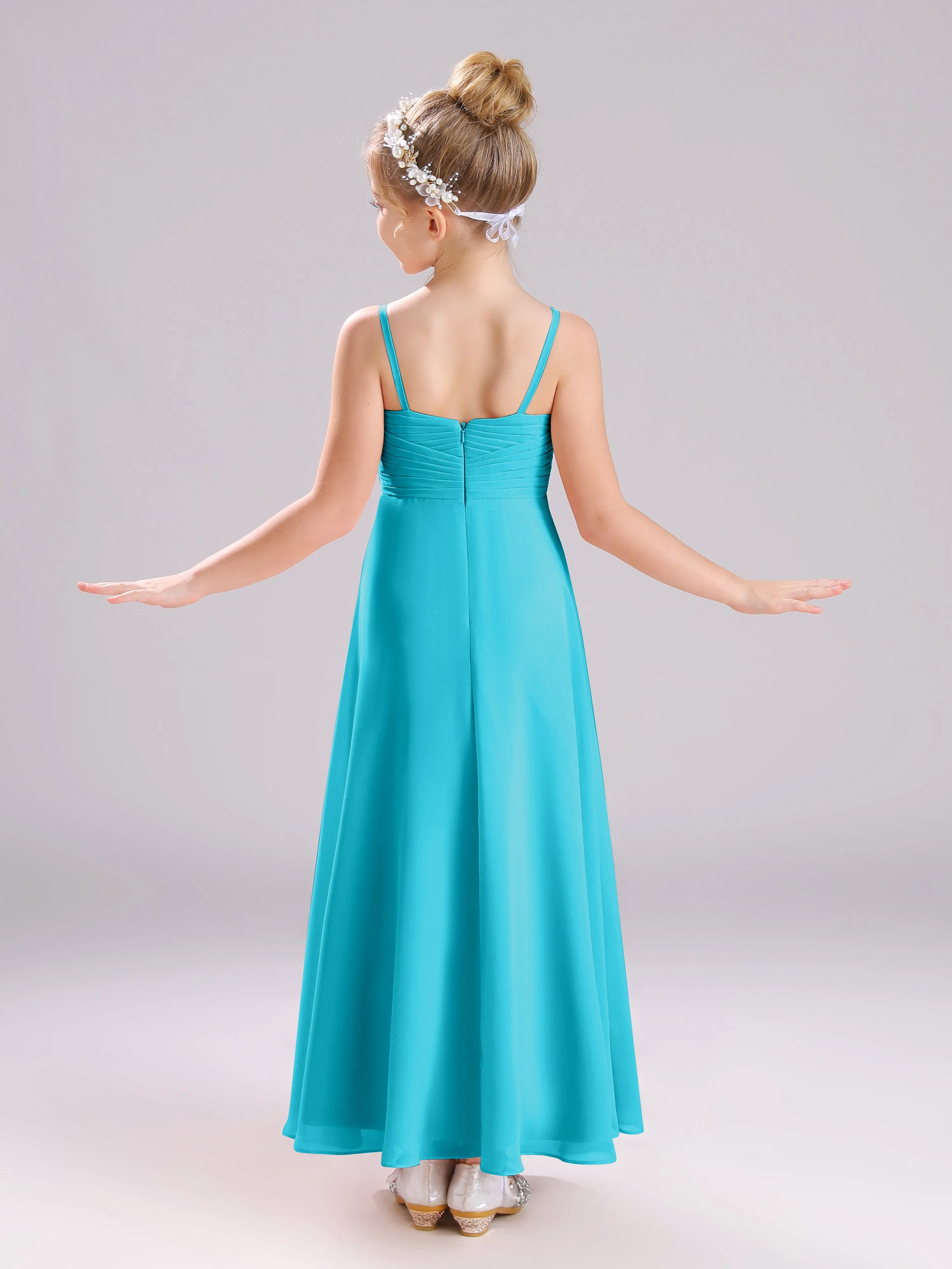 Spaghetti Straps V-Neck Pleats Long Chiffon Junior Bridesmaid Dresses