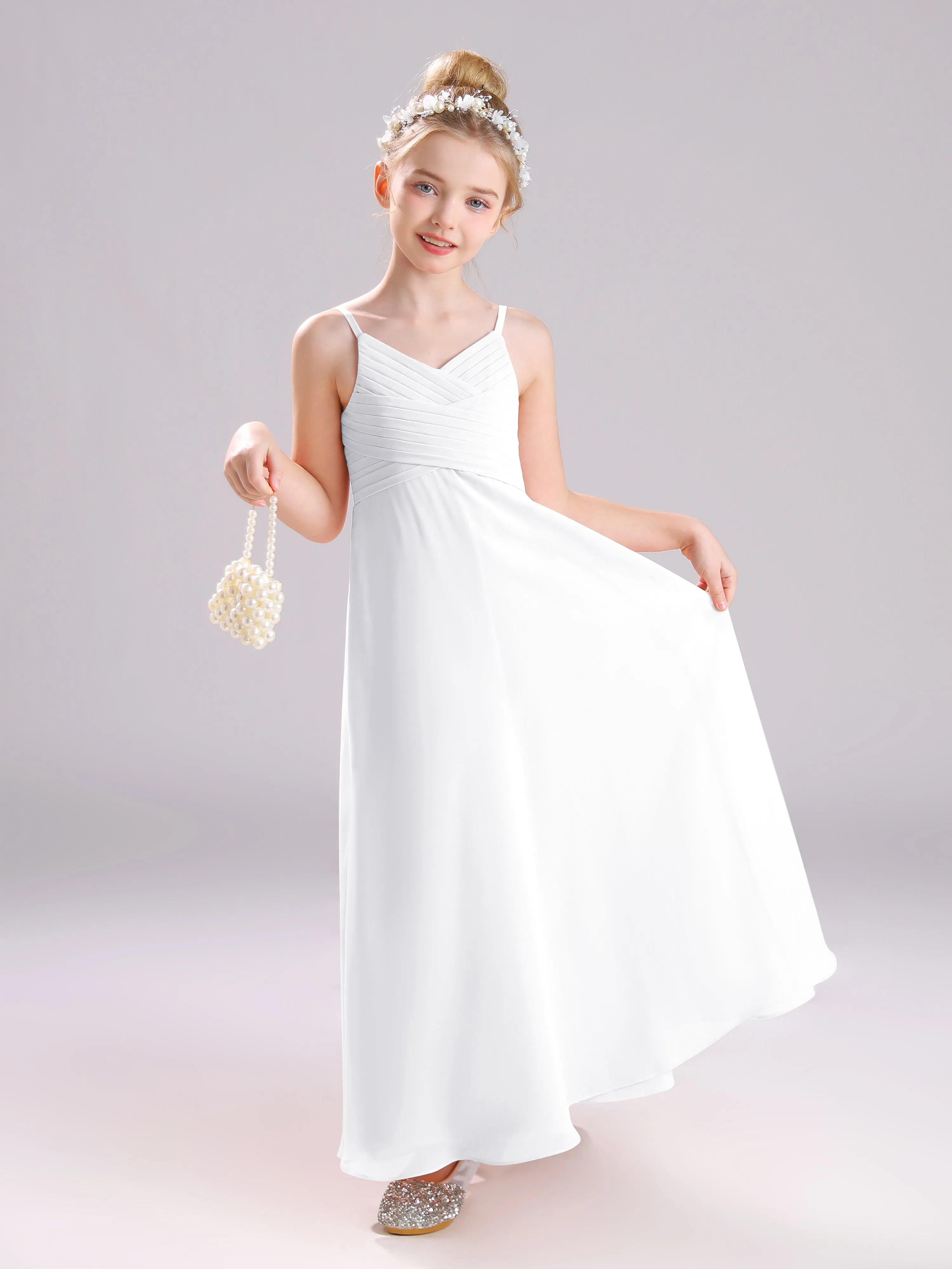 Spaghetti Straps V-Neck Pleats Long Chiffon Junior Bridesmaid Dresses