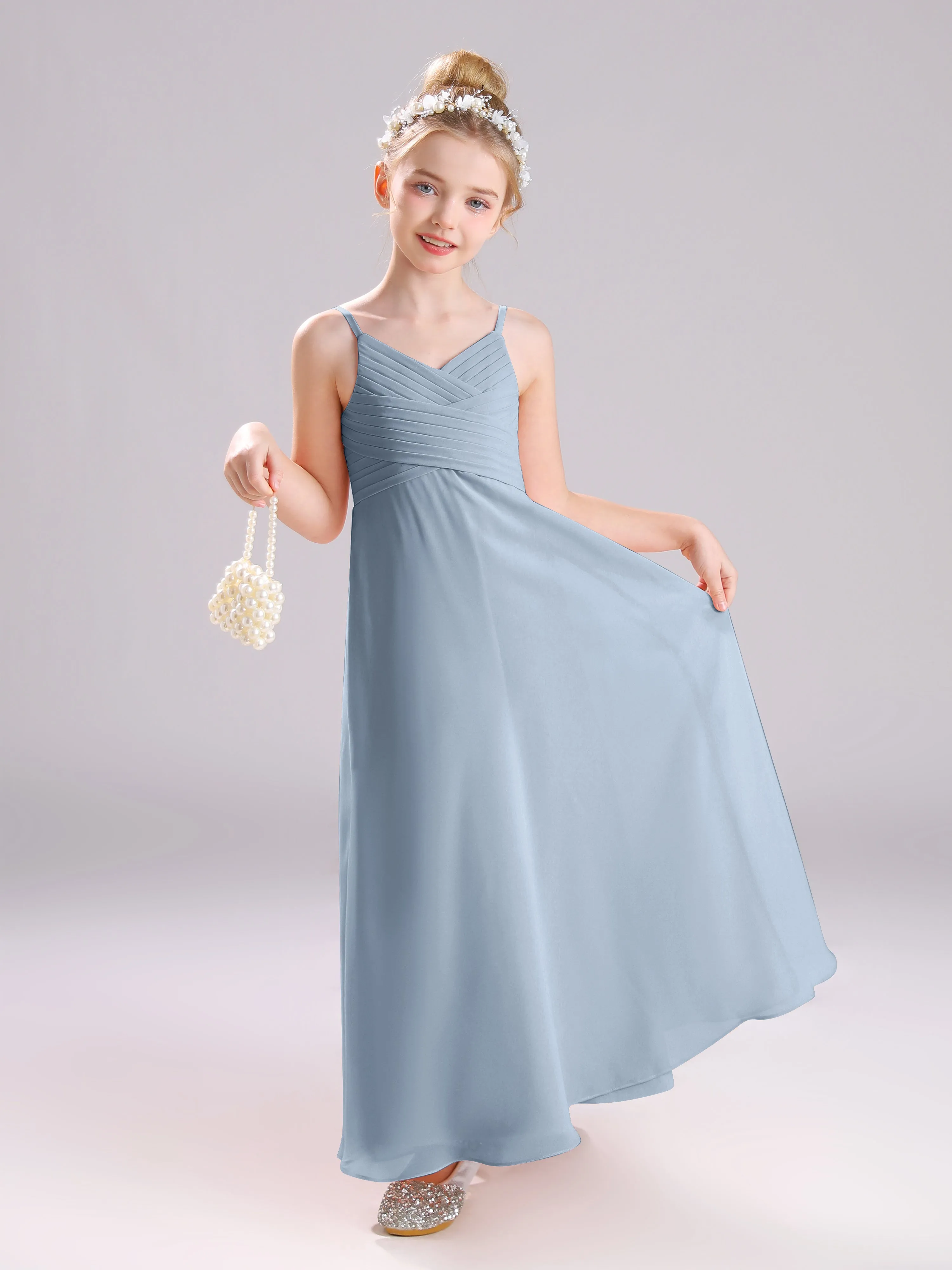 Spaghetti Straps V-Neck Pleats Long Chiffon Junior Bridesmaid Dresses