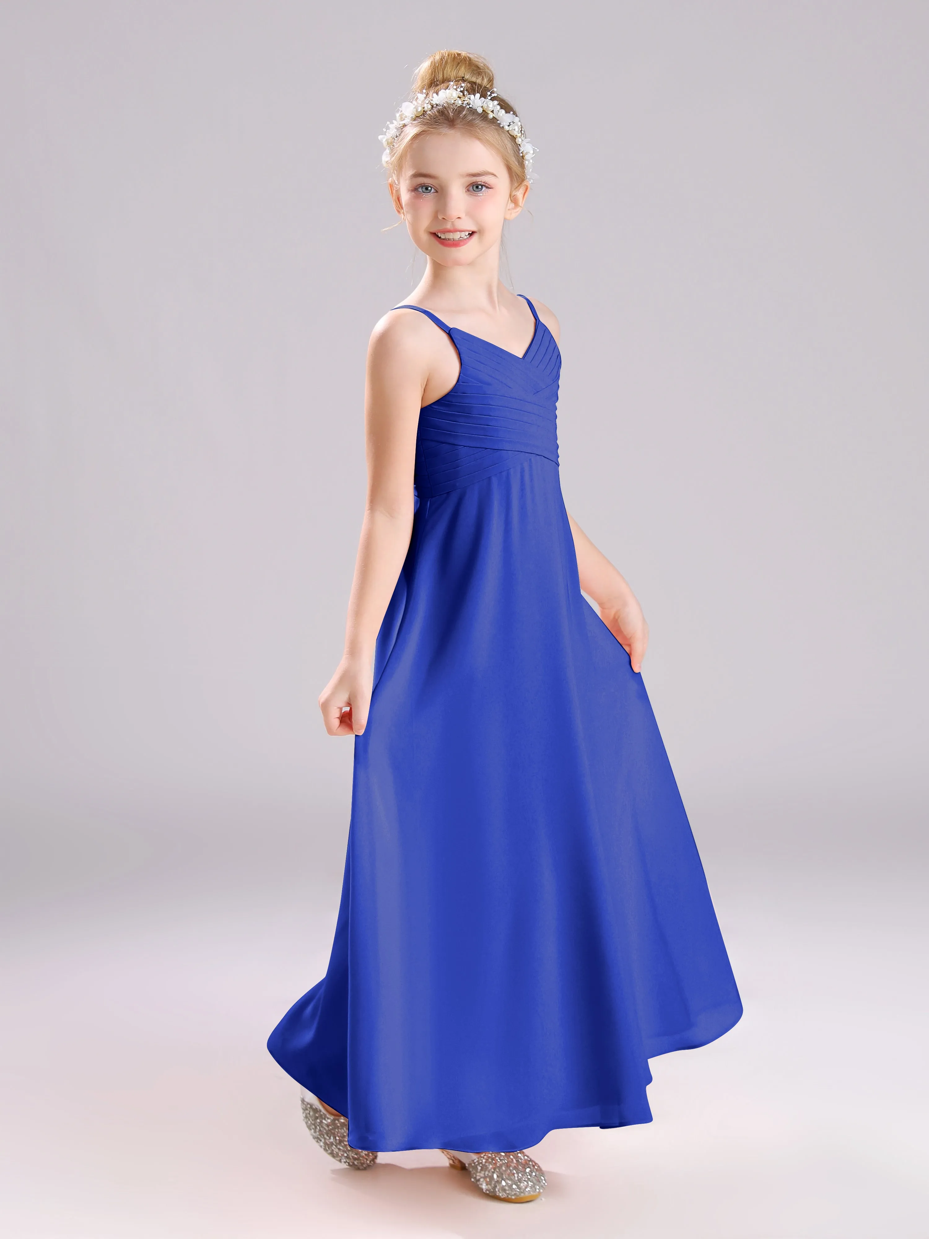 Spaghetti Straps V-Neck Pleats Long Chiffon Junior Bridesmaid Dresses