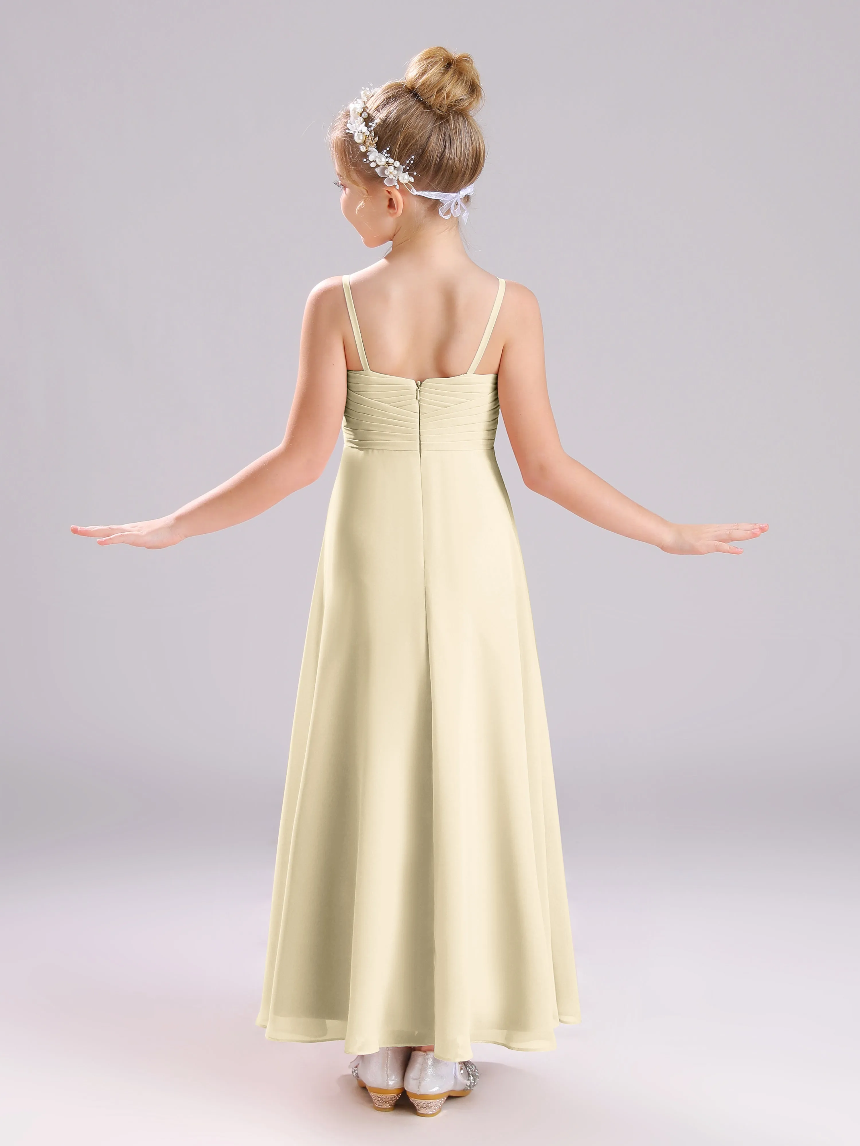 Spaghetti Straps V-Neck Pleats Long Chiffon Junior Bridesmaid Dresses