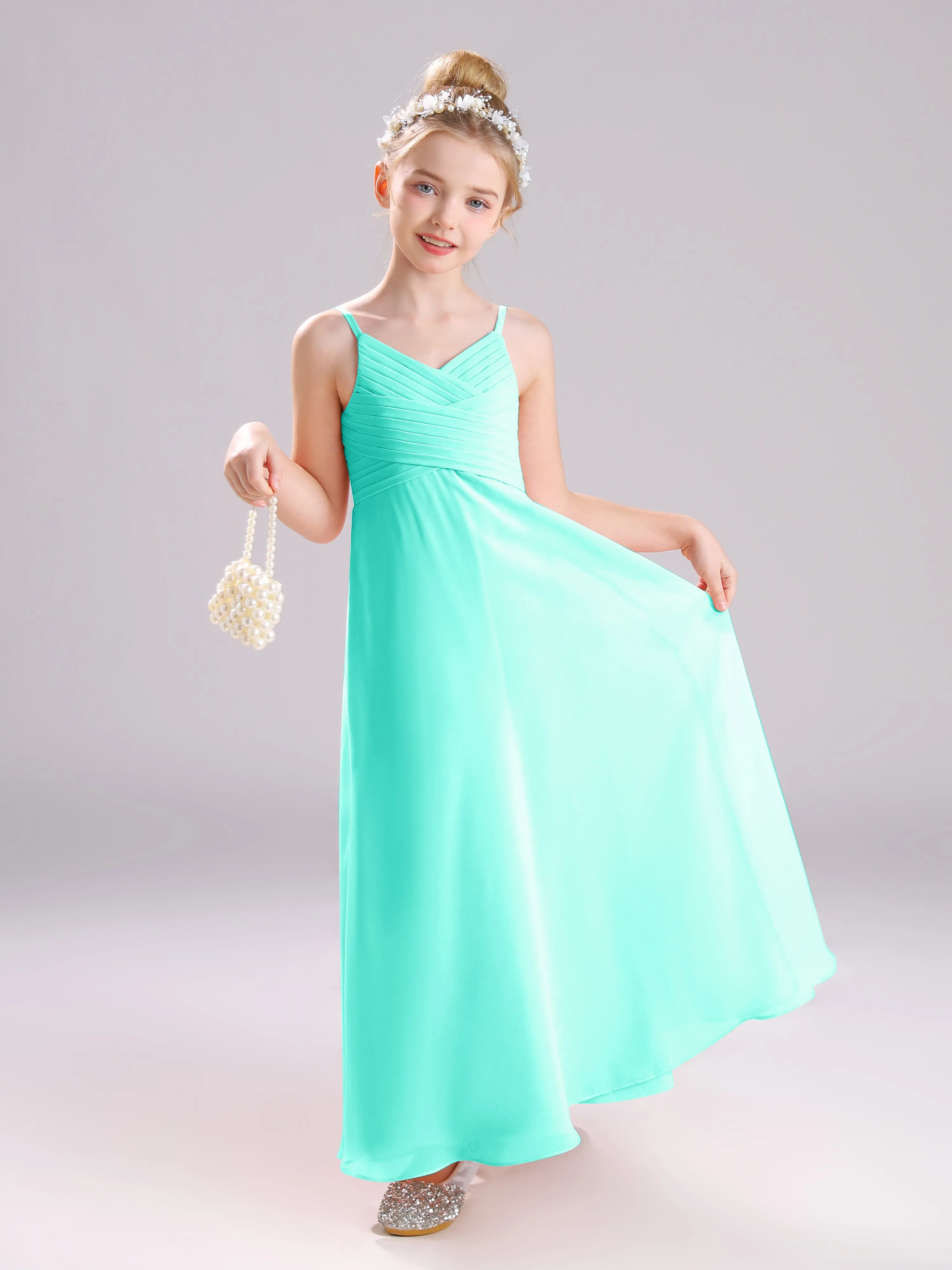 Spaghetti Straps V-Neck Pleats Long Chiffon Junior Bridesmaid Dresses