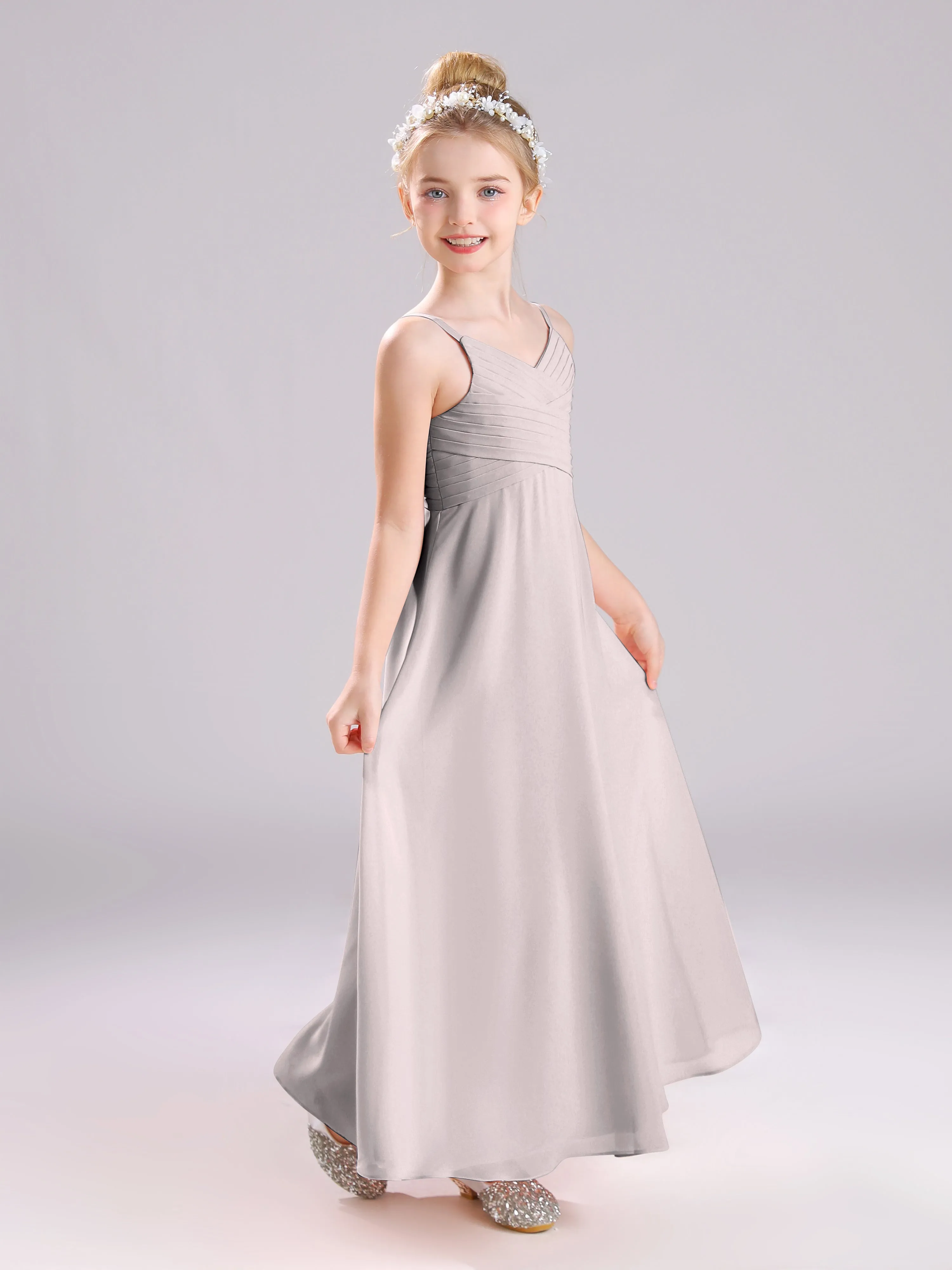 Spaghetti Straps V-Neck Pleats Long Chiffon Junior Bridesmaid Dresses