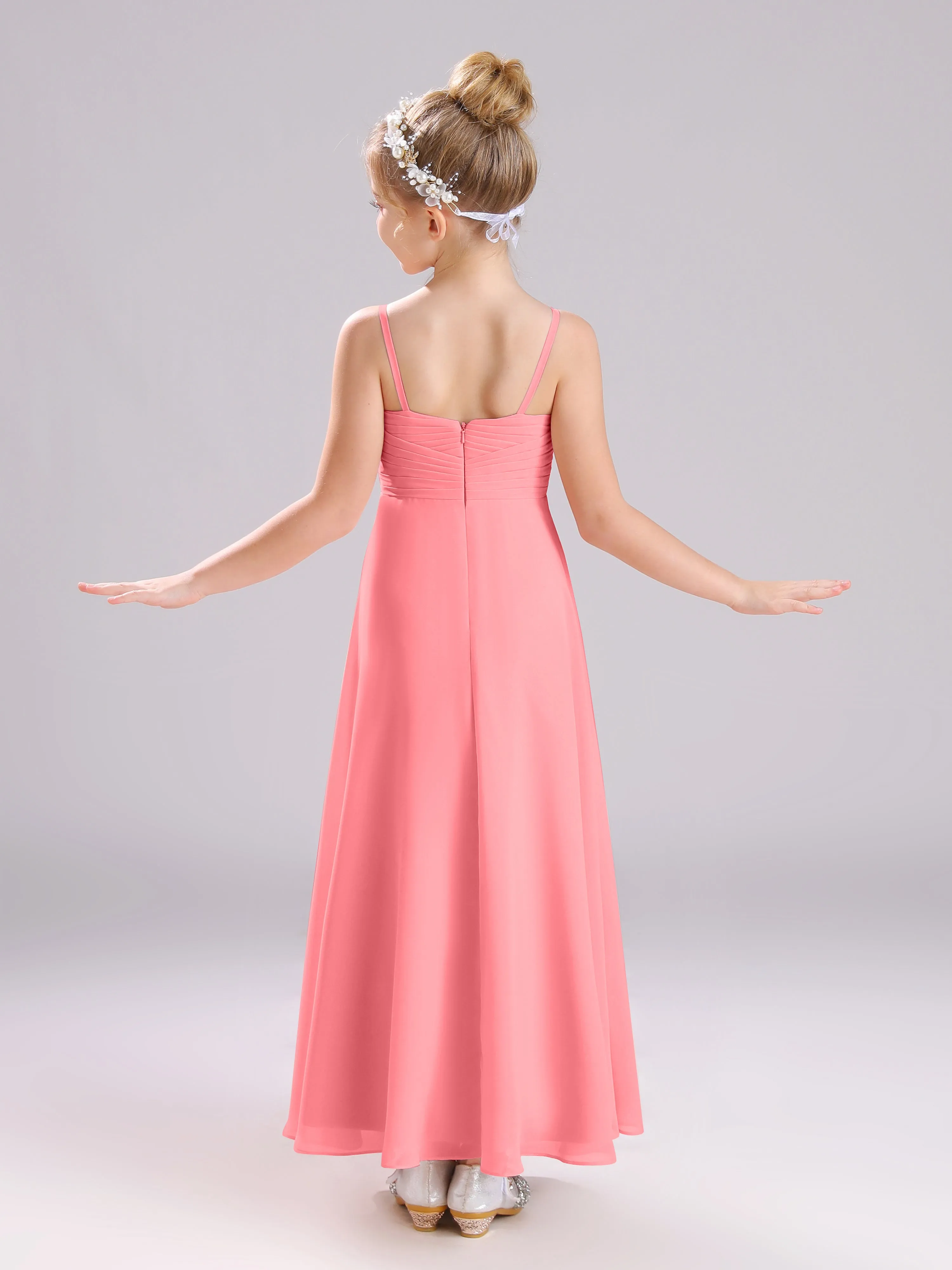 Spaghetti Straps V-Neck Pleats Long Chiffon Junior Bridesmaid Dresses