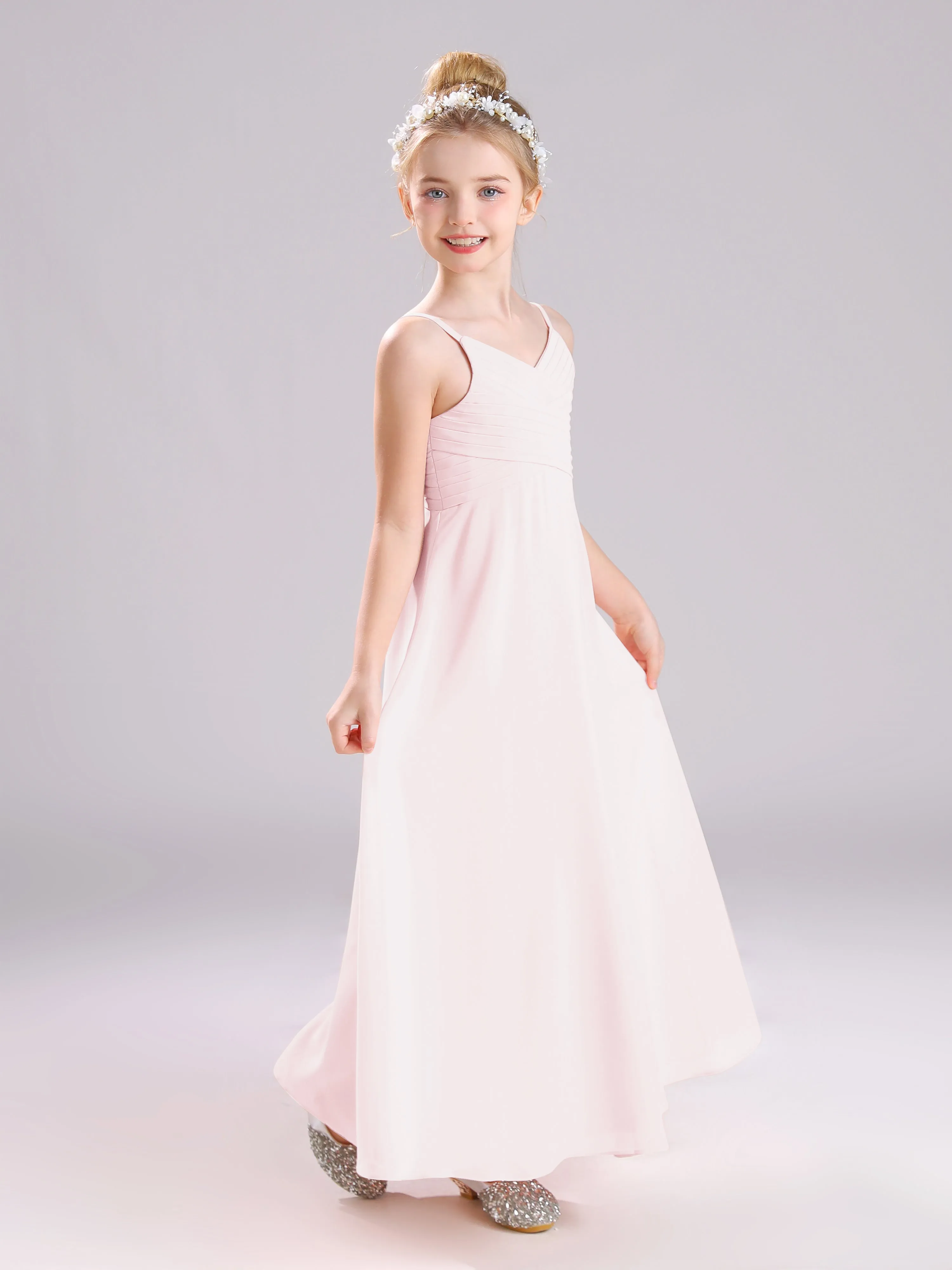 Spaghetti Straps V-Neck Pleats Long Chiffon Junior Bridesmaid Dresses