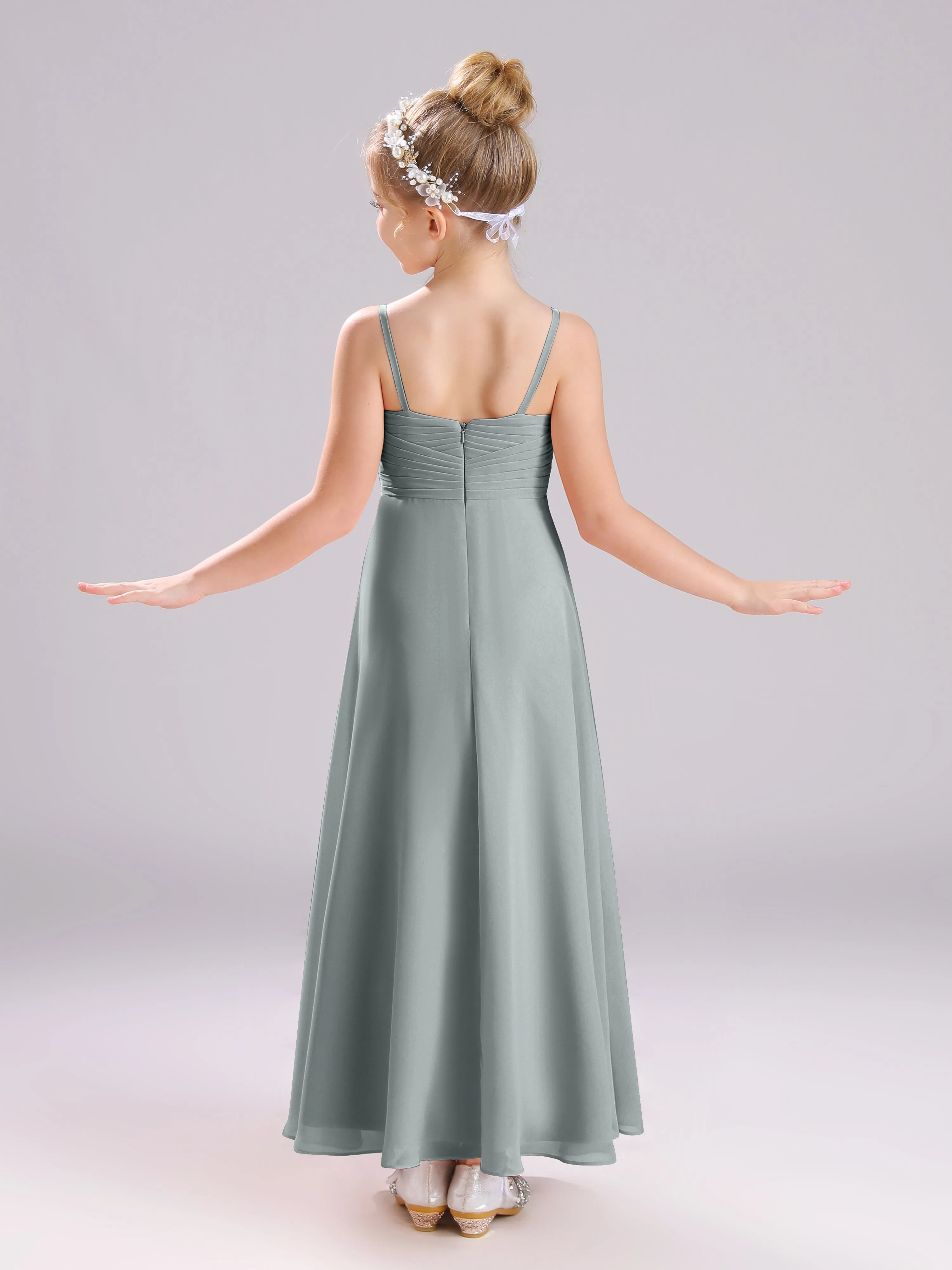 Spaghetti Straps V-Neck Pleats Long Chiffon Junior Bridesmaid Dresses