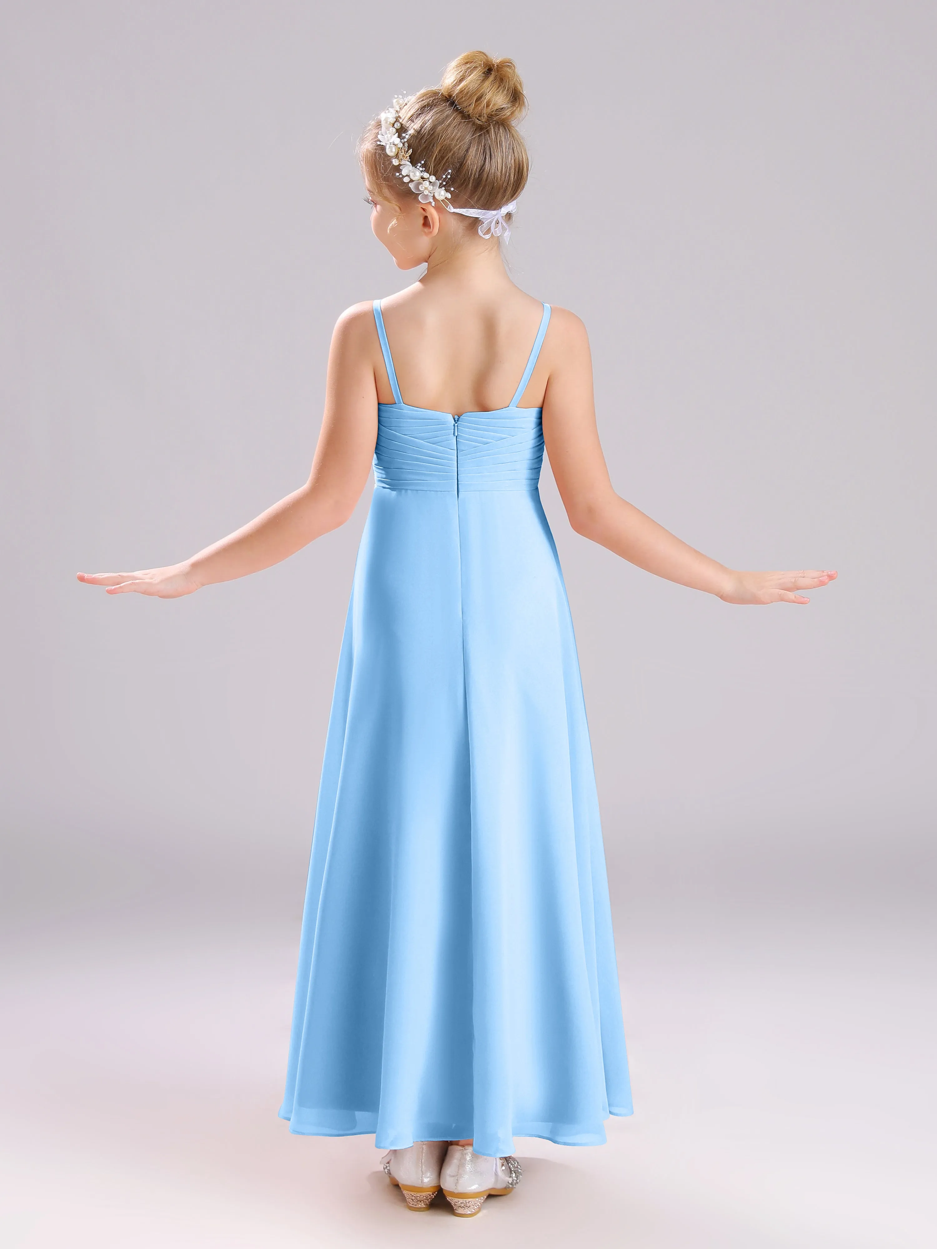 Spaghetti Straps V-Neck Pleats Long Chiffon Junior Bridesmaid Dresses