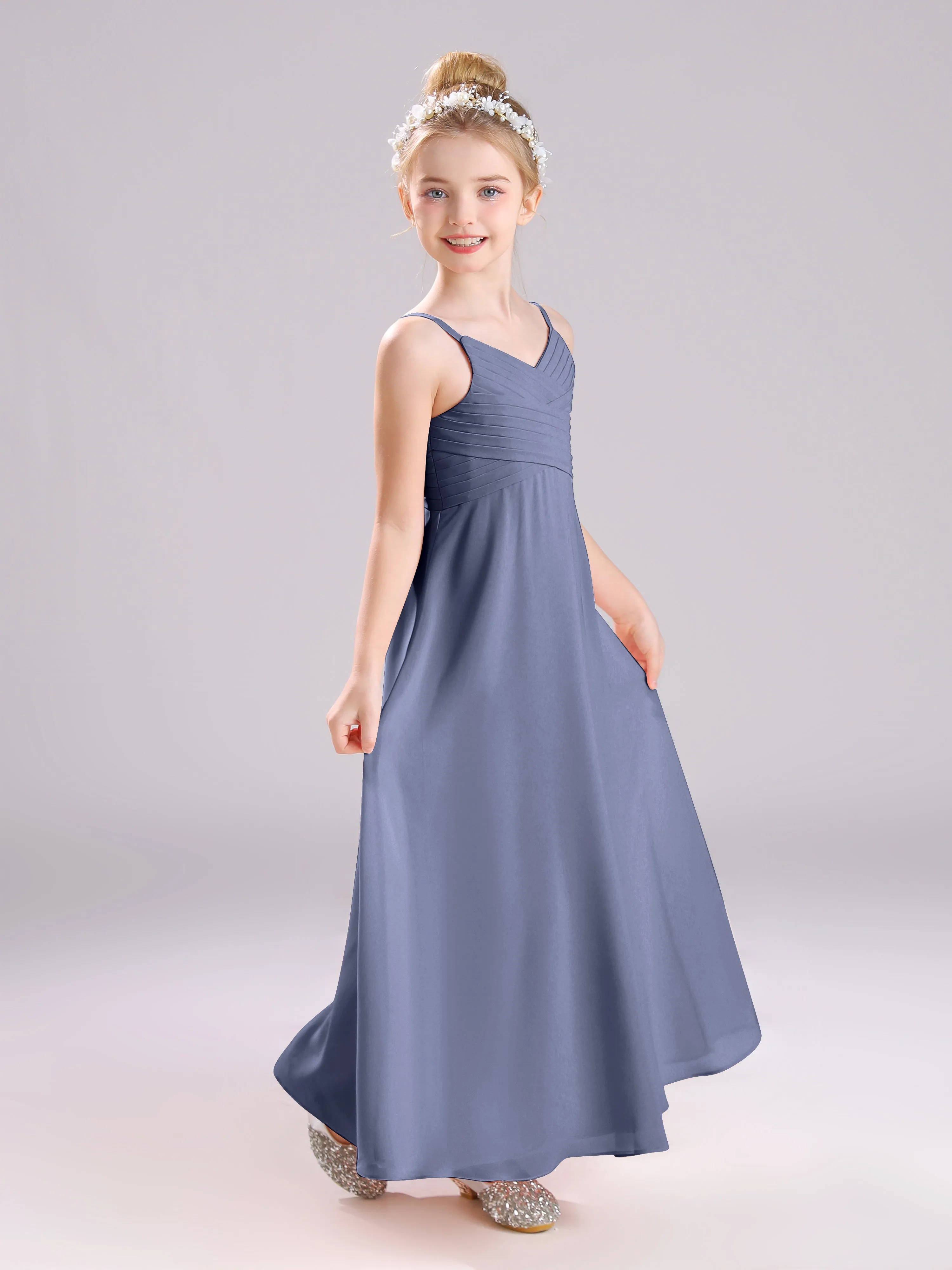 Spaghetti Straps V-Neck Pleats Long Chiffon Junior Bridesmaid Dresses