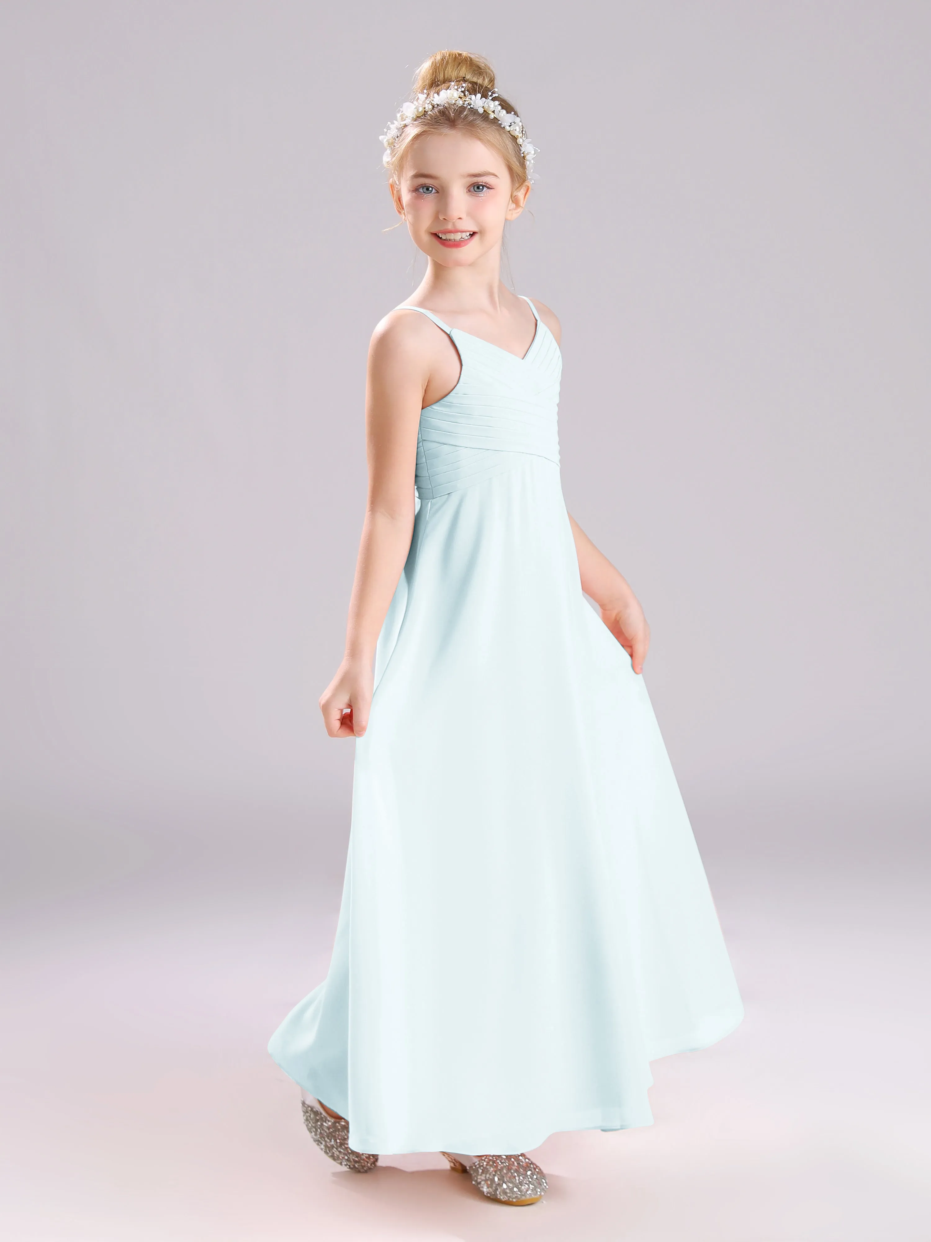 Spaghetti Straps V-Neck Pleats Long Chiffon Junior Bridesmaid Dresses