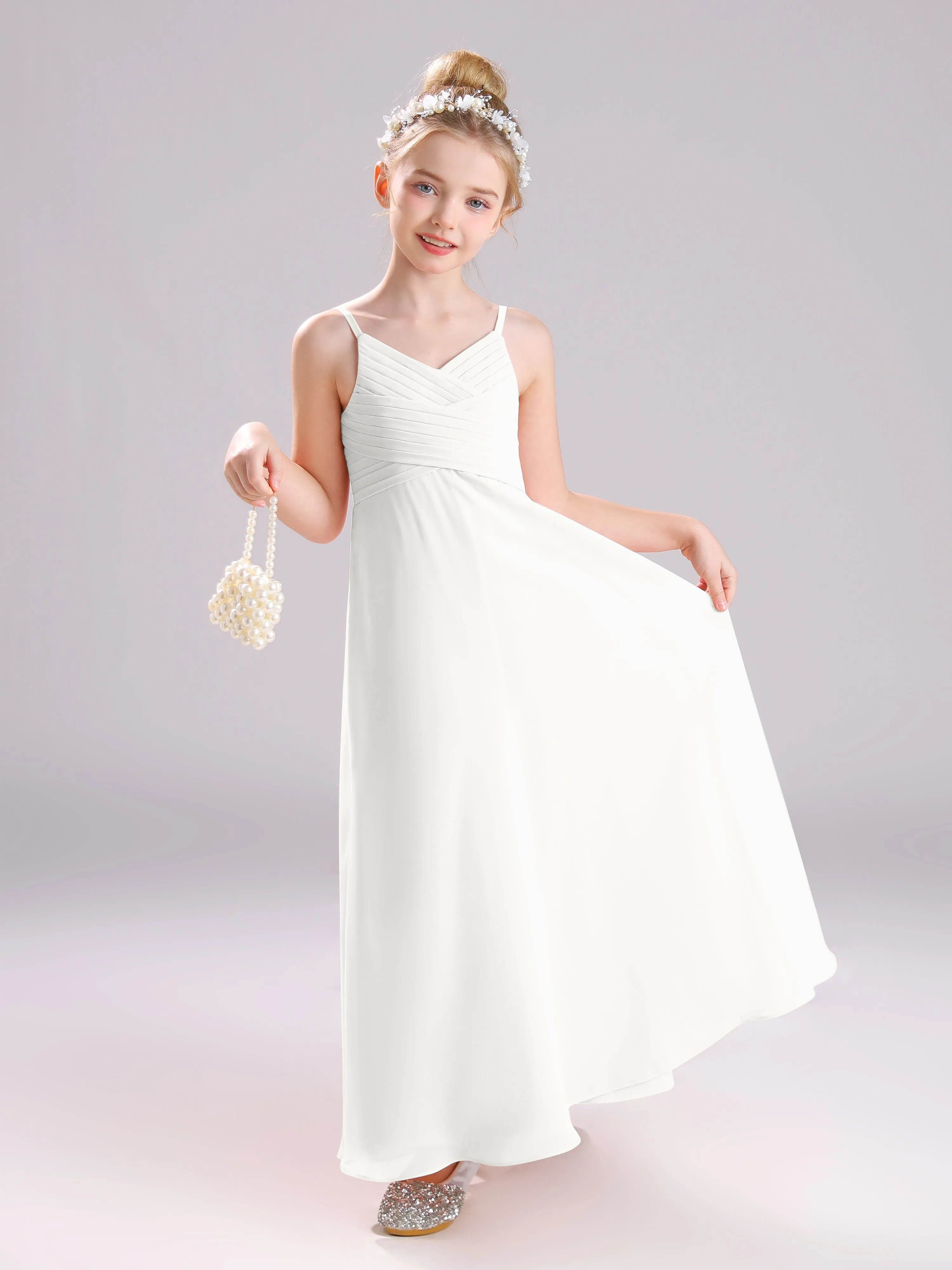 Spaghetti Straps V-Neck Pleats Long Chiffon Junior Bridesmaid Dresses