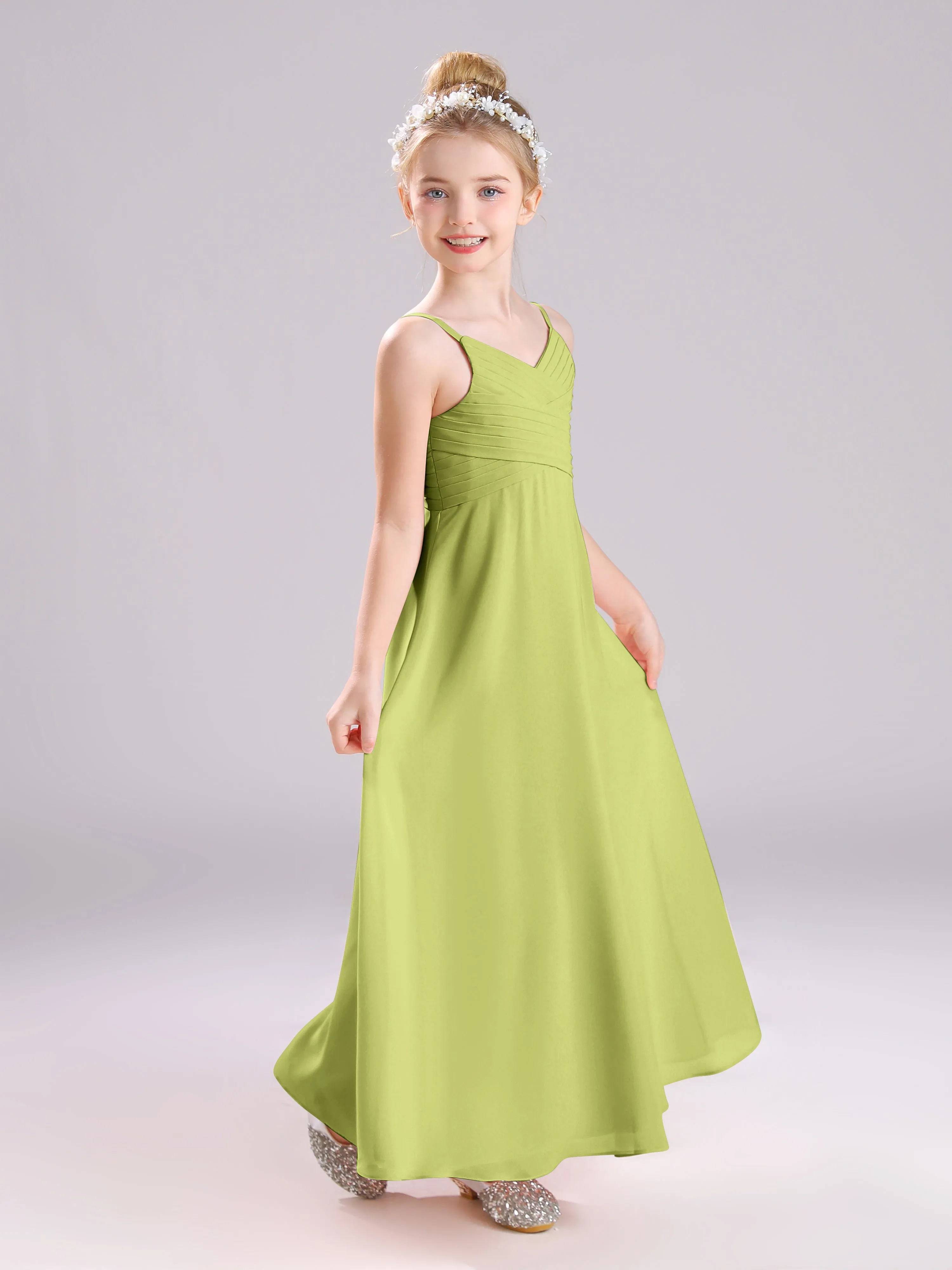 Spaghetti Straps V-Neck Pleats Long Chiffon Junior Bridesmaid Dresses