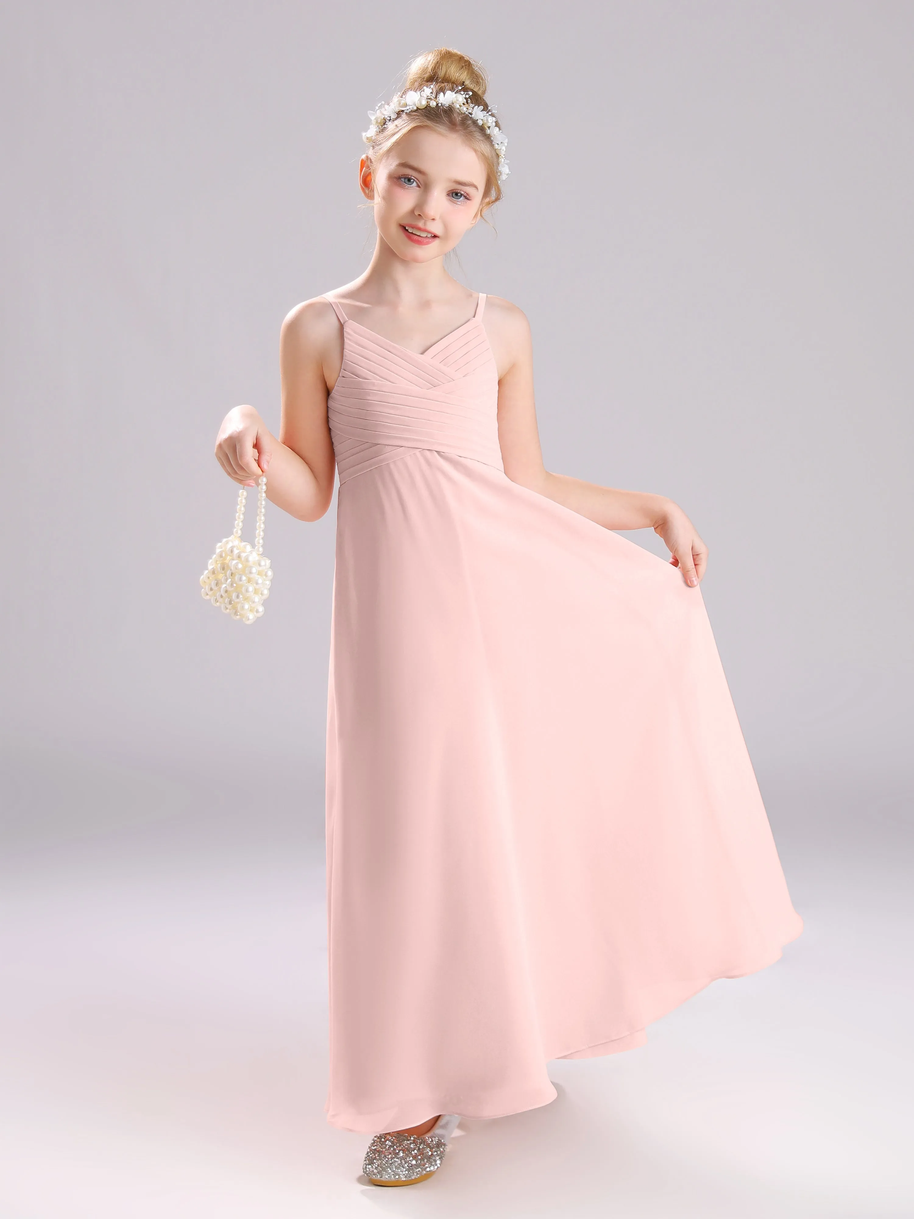 Spaghetti Straps V-Neck Pleats Long Chiffon Junior Bridesmaid Dresses