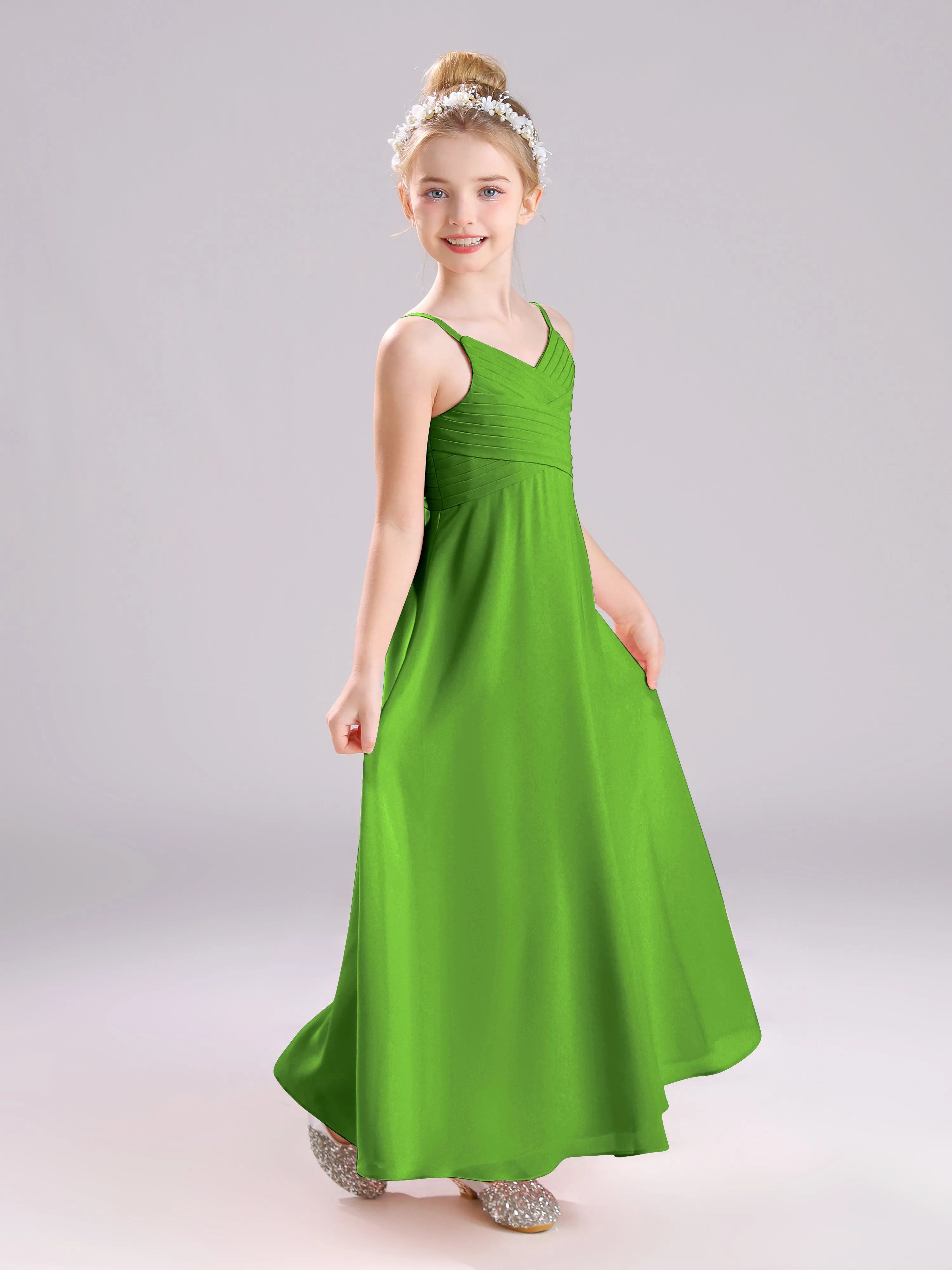 Spaghetti Straps V-Neck Pleats Long Chiffon Junior Bridesmaid Dresses