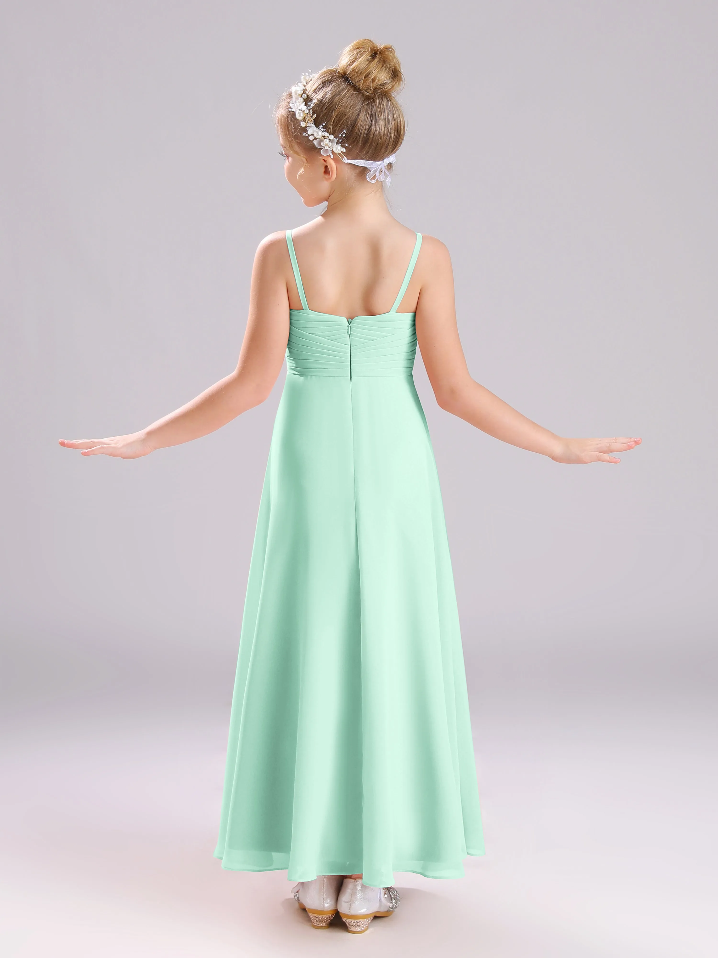 Spaghetti Straps V-Neck Pleats Long Chiffon Junior Bridesmaid Dresses