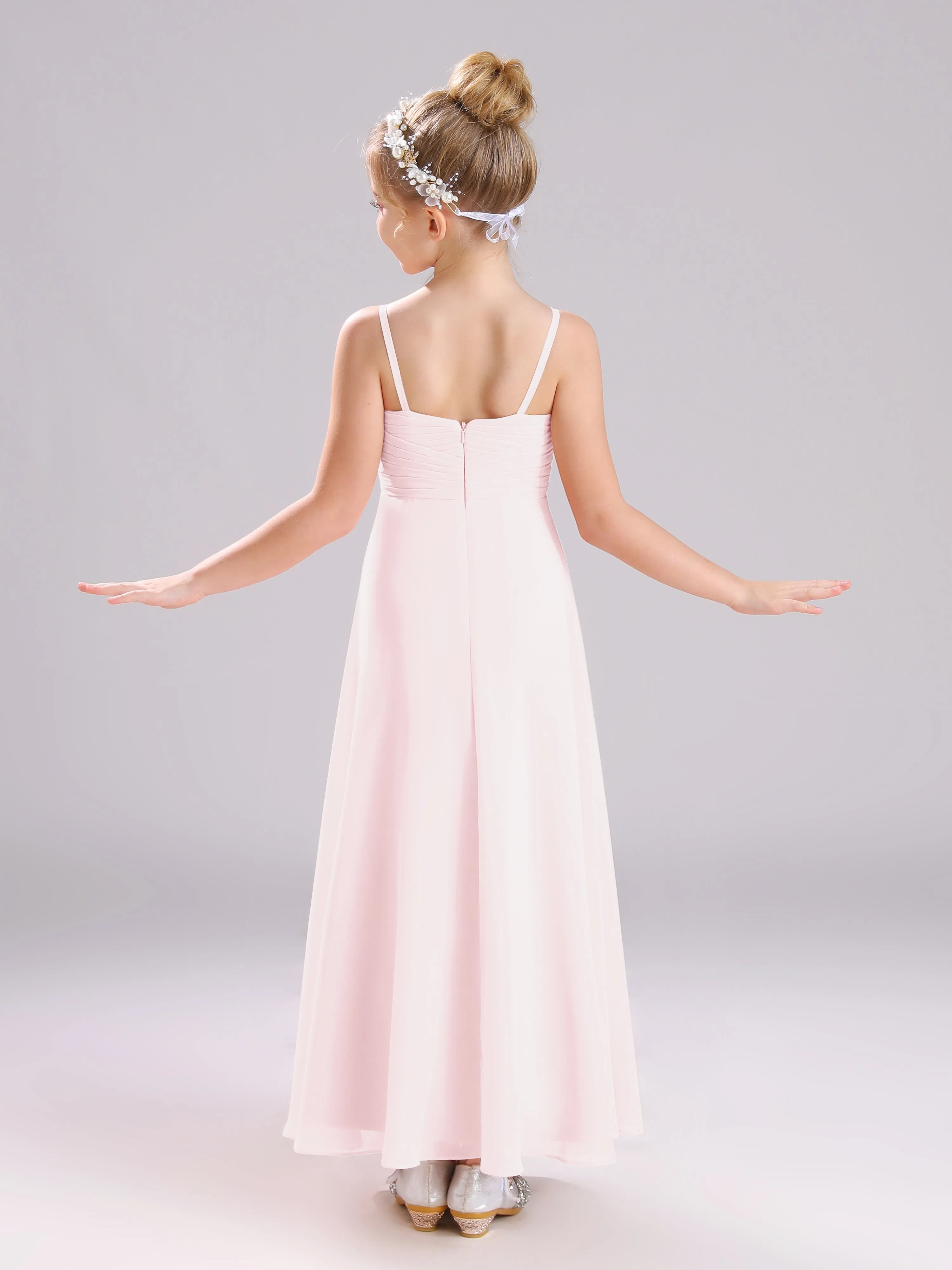 Spaghetti Straps V-Neck Pleats Long Chiffon Junior Bridesmaid Dresses