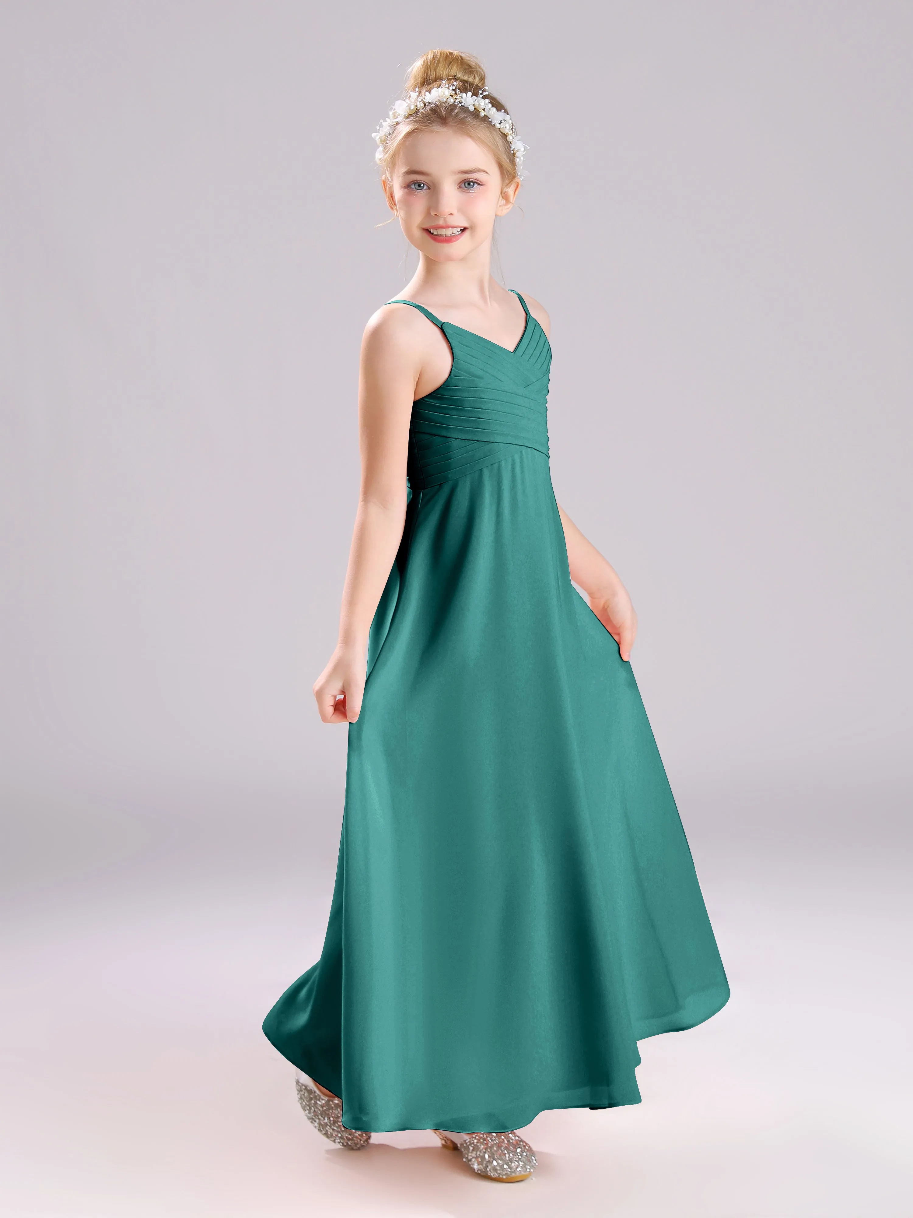 Spaghetti Straps V-Neck Pleats Long Chiffon Junior Bridesmaid Dresses