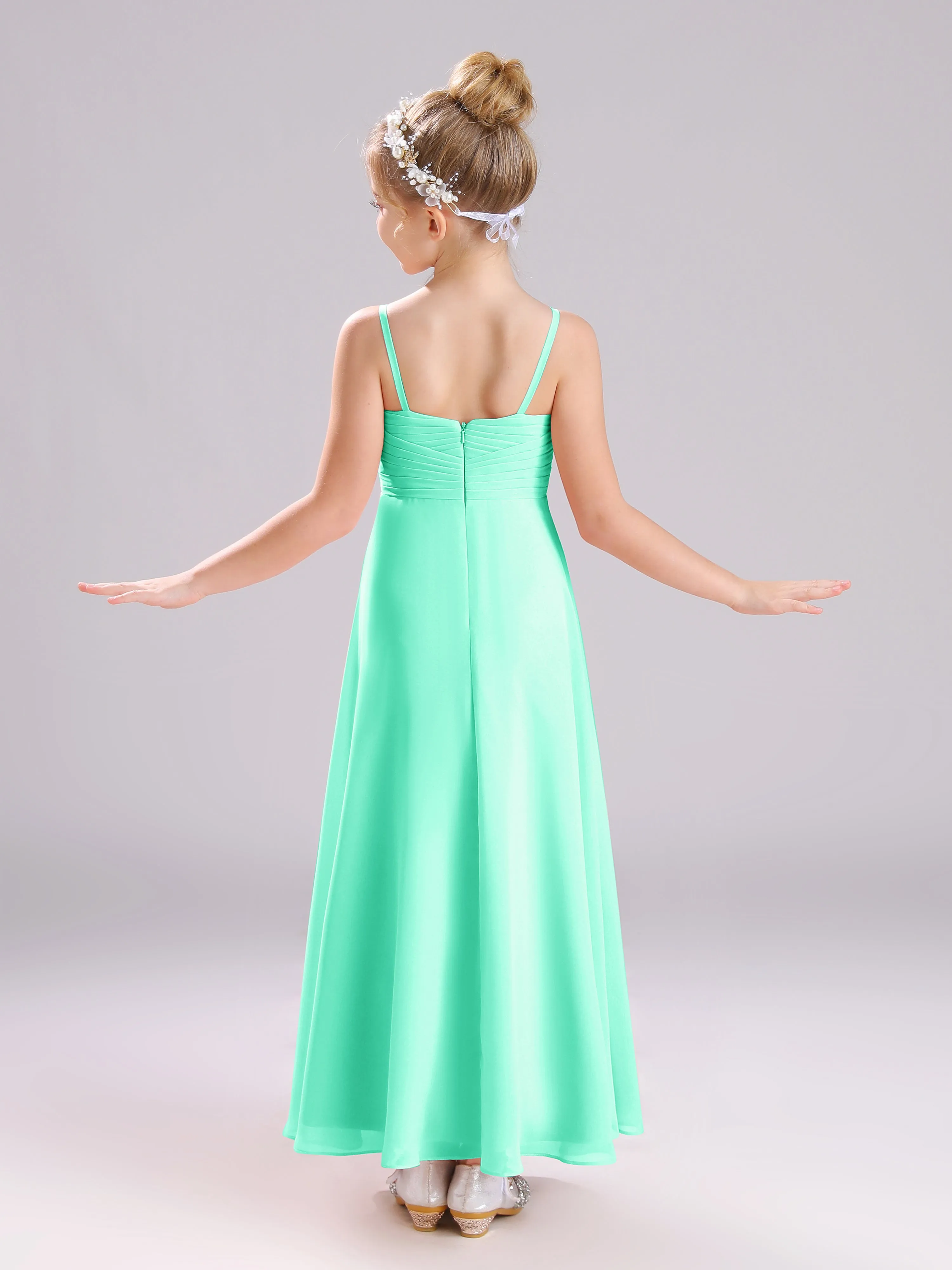 Spaghetti Straps V-Neck Pleats Long Chiffon Junior Bridesmaid Dresses