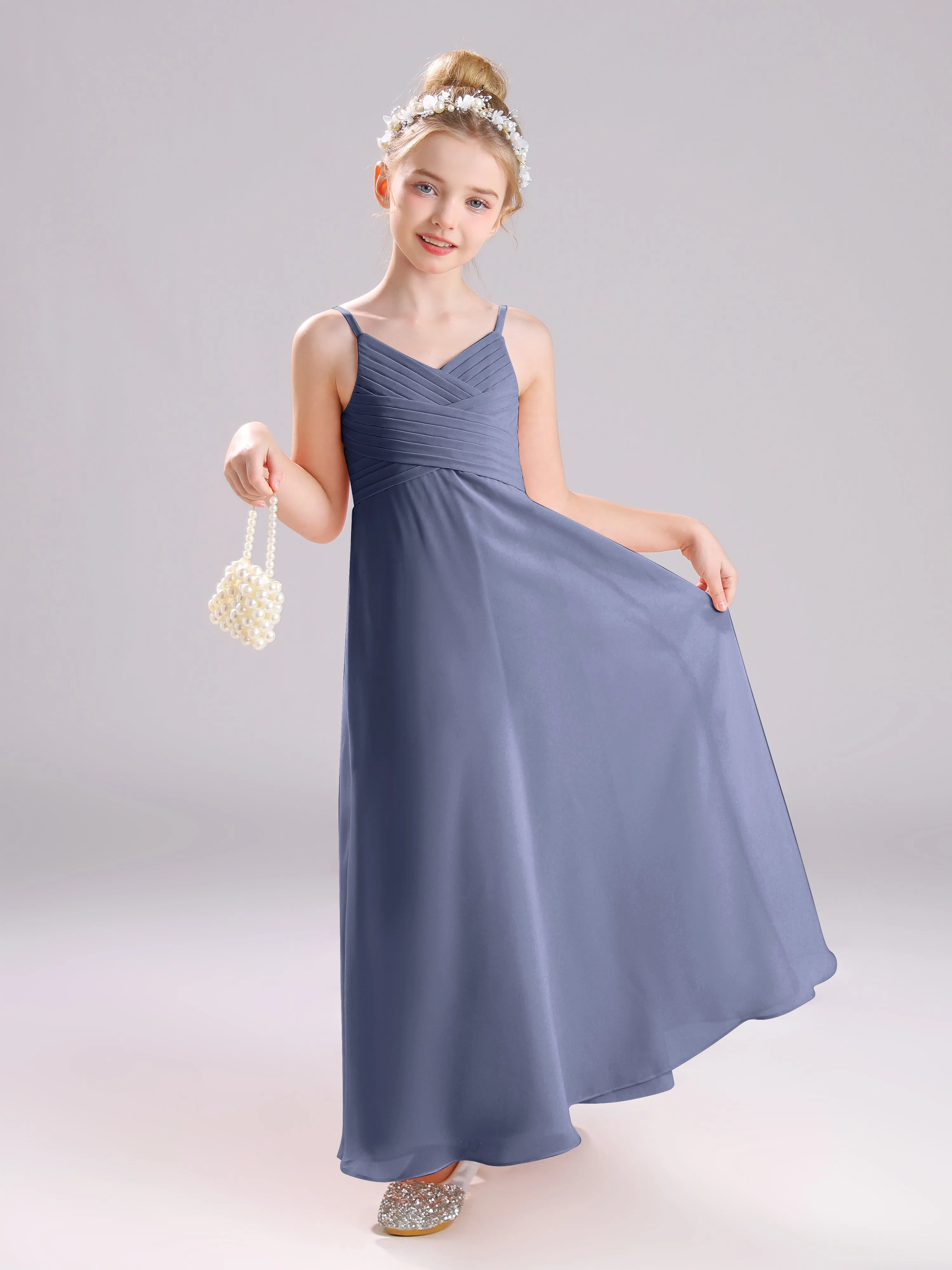 Spaghetti Straps V-Neck Pleats Long Chiffon Junior Bridesmaid Dresses