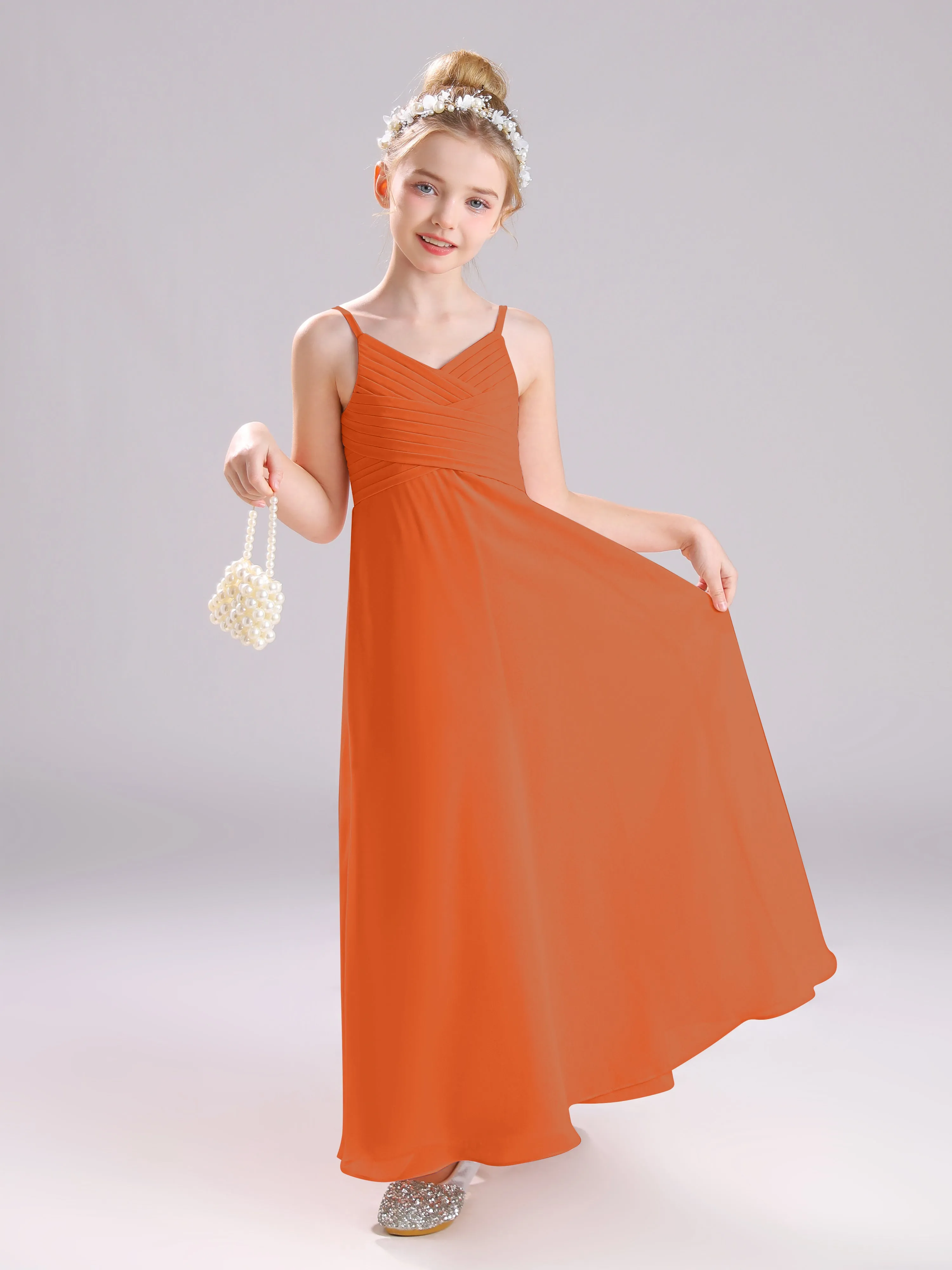 Spaghetti Straps V-Neck Pleats Long Chiffon Junior Bridesmaid Dresses