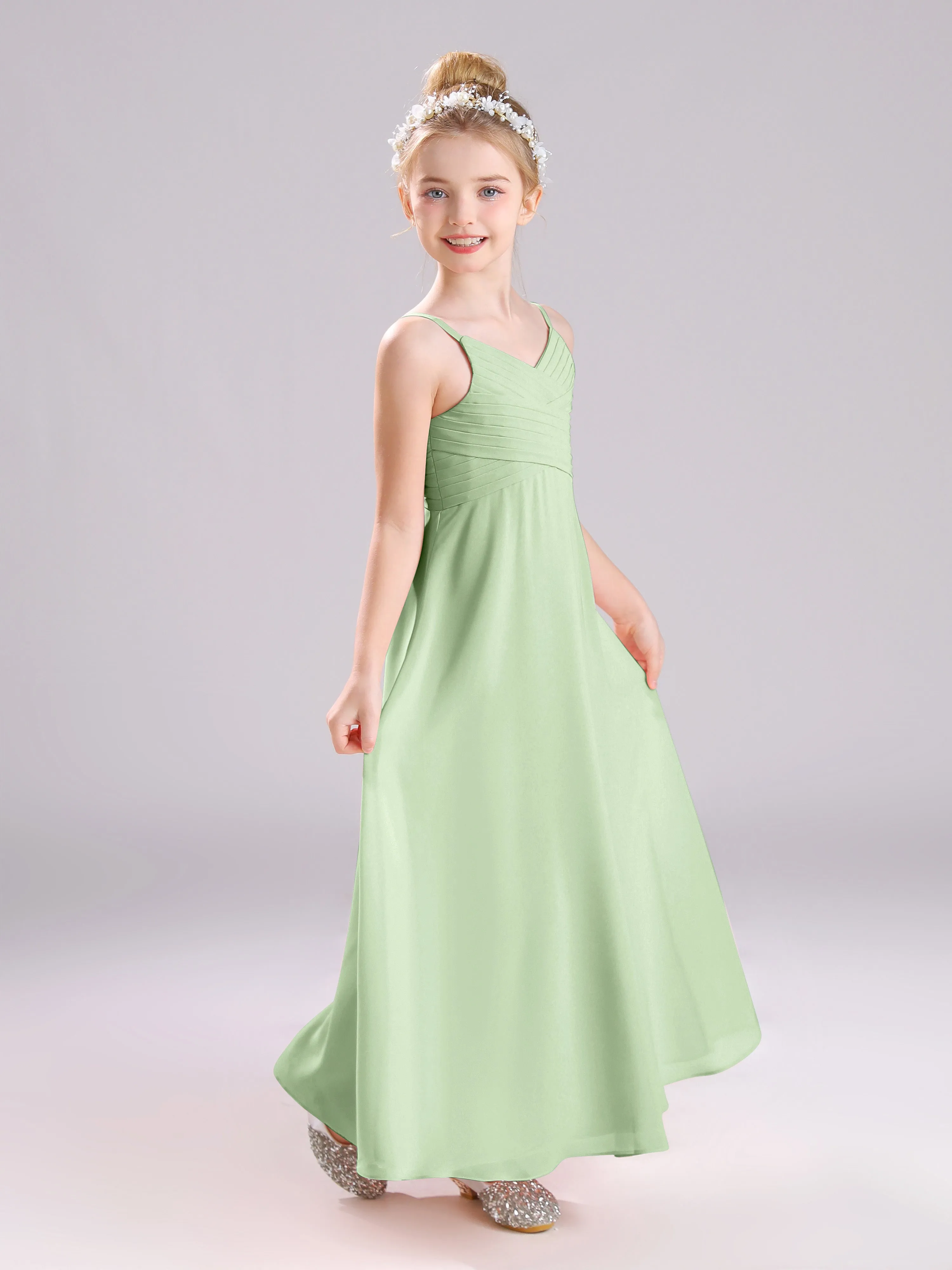 Spaghetti Straps V-Neck Pleats Long Chiffon Junior Bridesmaid Dresses